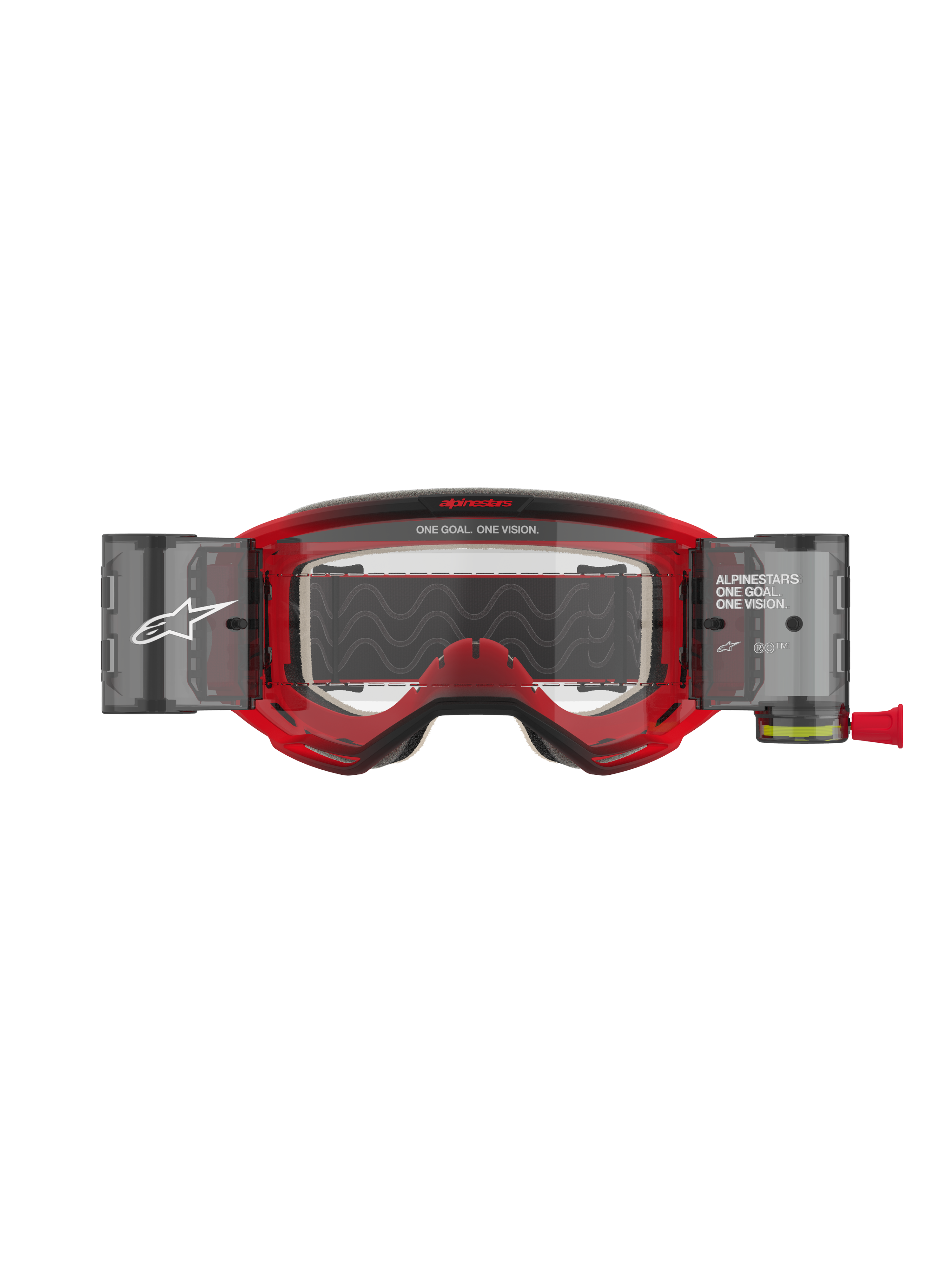 Alpinestars Vision 5 Blaze Roll-Off Brille, Motocross-Brille, roter Rahmen mit klarer Linse, integriertes Wide Vision Roll-Off-System mit seitlichen Behältern, 'ONE GOAL. ONE VISION.' Branding auf dem Rahmen und der Linse, professioneller Offroad-Augenschutz