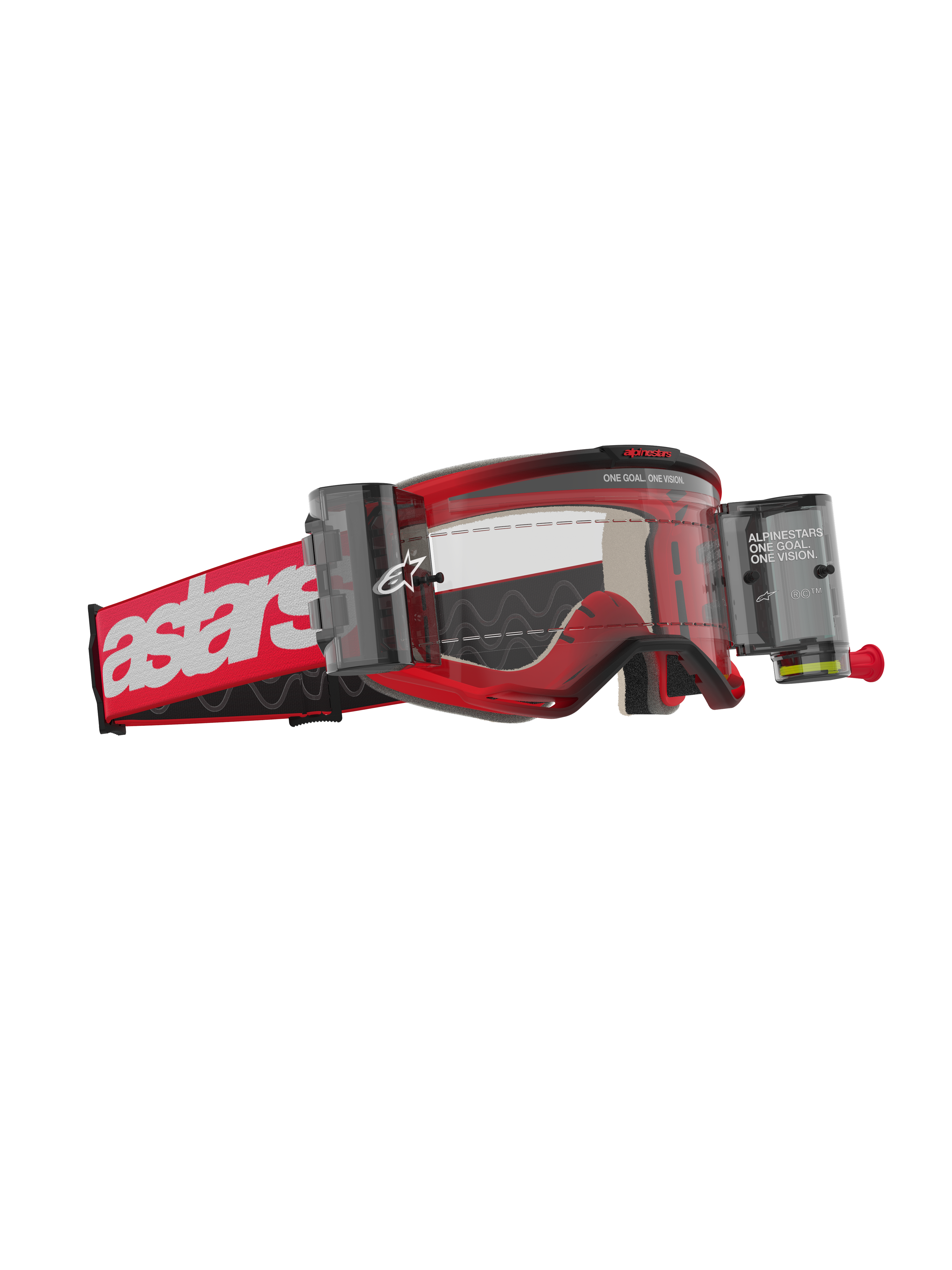 Alpinestars Vision 5 Blaze Roll-Off-Schutzbrille, Motocross-Brille, roter Rahmen mit weißem Astars-Logo auf dem Brillenband, klare Linse mit integrierten Behältern für das Wide-Vision-Roll-Off-System, strapazierfähiger Augenschutz für das Offroad-Fahren