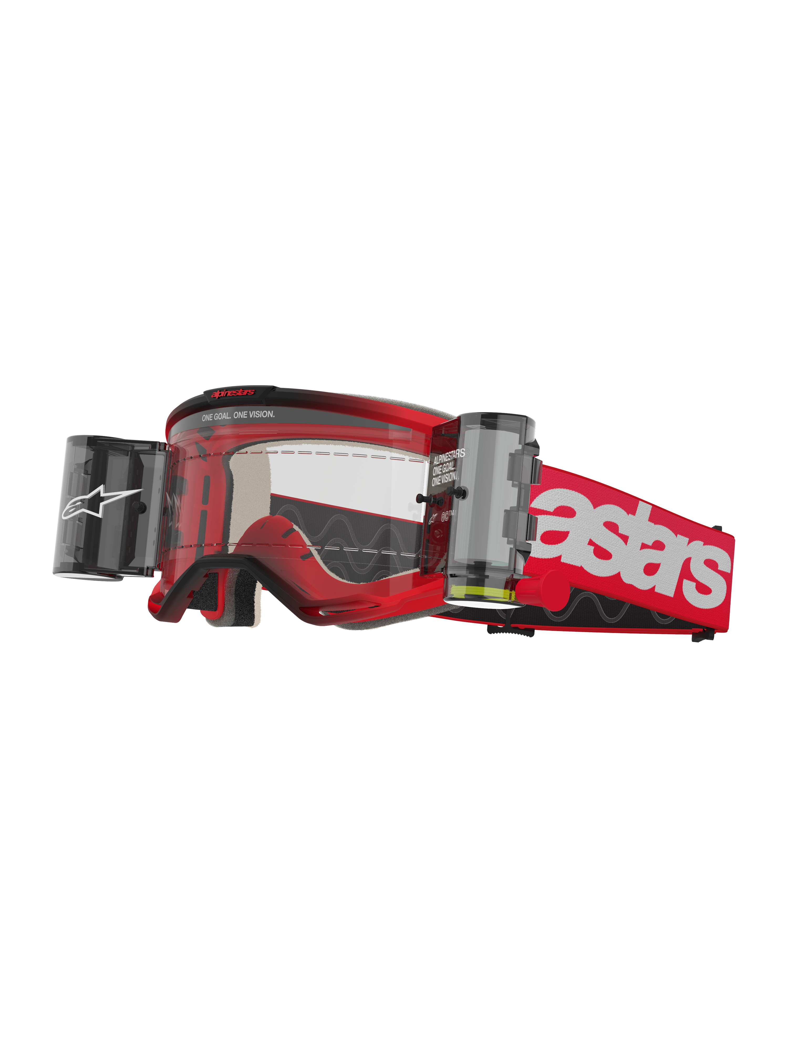 Alpinestars Vision 5 Blaze Roll-Off-Brille, Motocross-Brille, Rot und Weiß, klare Linse mit integriertem Wide Vision Roll-Off-Filmsystem, beidseitige Kanister, rotes gewebtes Band mit markantem weißem Astars-Branding, langlebiger Urethan-Rahmen mit Schaumstoffpolsterung, Offroad-Rennsport-Brille