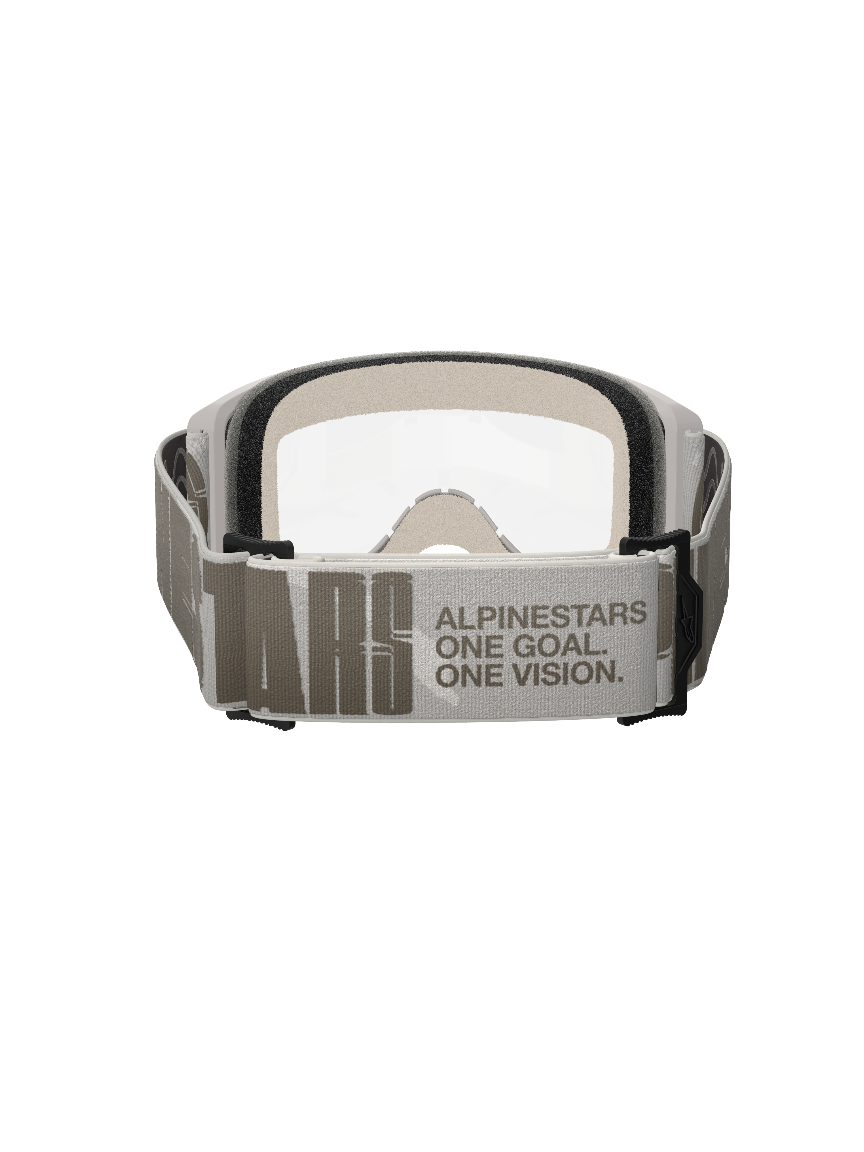 Alpinestars Vision 5 Hollow Goggles, Motocross-Schutzbrille, Wind Clear, Rückansicht mit Fokus auf den breiten hellgrauen Gurt mit Alpinestars-Branding und „One Goal One Vision“-Slogan, weißer Rahmen mit klarem Glas und sichtbarem dickem Gesichtsschaum