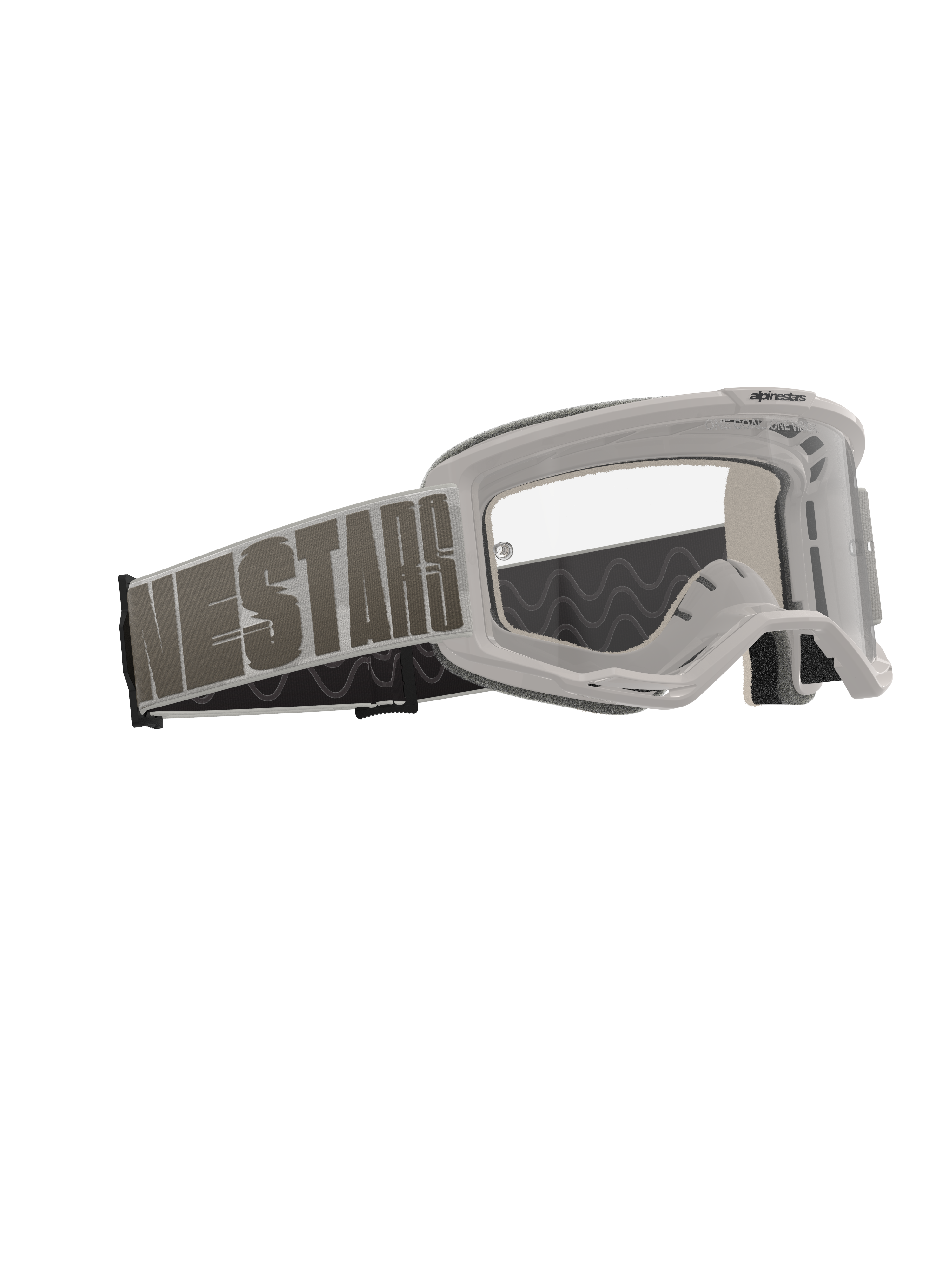 Alpinestars Vision 5 Hollow Schutzbrille, Motocross-Brille, Wind Clear, hellgrauer Rahmen mit klarer Anti-Beschlag-Scheibe, breites gewebtes Band mit markantem 'NESTARS'-Schriftzug, Hochleistungs-Schutzausrüstung für den Offroad-Rennsport