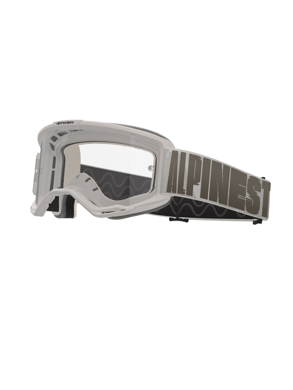 Alpinestars Vision 5 Hollow Motocross-Brille, weißer Rahmen mit klarer Linse, breites hellgraues Brillenband mit markantem dunkelgrauem Alpinestars-Schriftzug, mehrschichtige Schaumpolsterung, Performance-Offroad-Schutzbrille