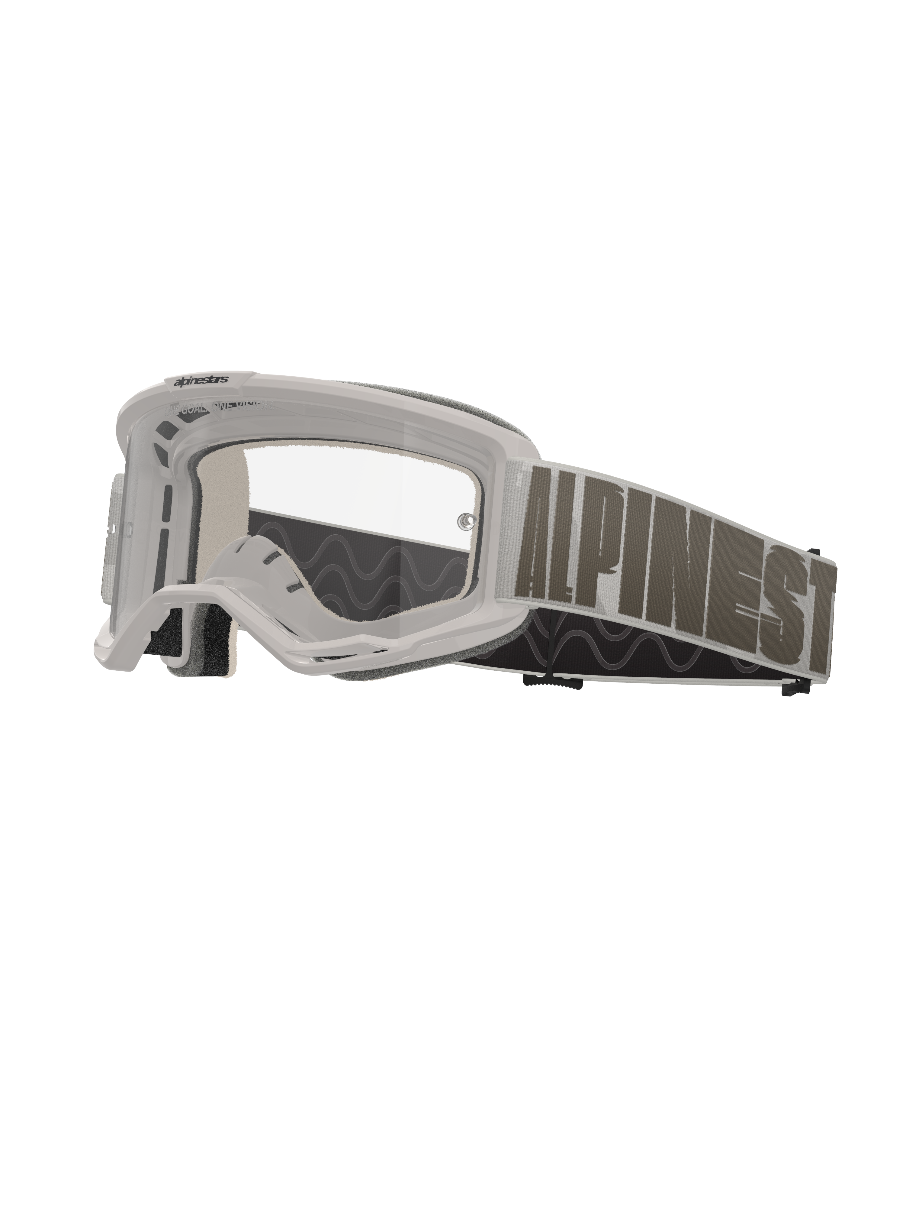 Alpinestars Vision 5 Hollow Motocross-Brille, weißer Rahmen mit klarer Linse, breites hellgraues Brillenband mit markantem dunkelgrauem Alpinestars-Schriftzug, mehrschichtige Schaumpolsterung, Performance-Offroad-Schutzbrille