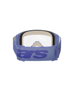 Alpinestars Vision 5 Wordmark Goggles, Lila und Klar, Rückansicht zeigt dreilagigen Gesichtsschaumstoff, breites lilafarbenes gewebtes Band mit markantem Wordmark-Branding, klare Scheibe, entwickelt für Motocross- und Offroad-Rennsport