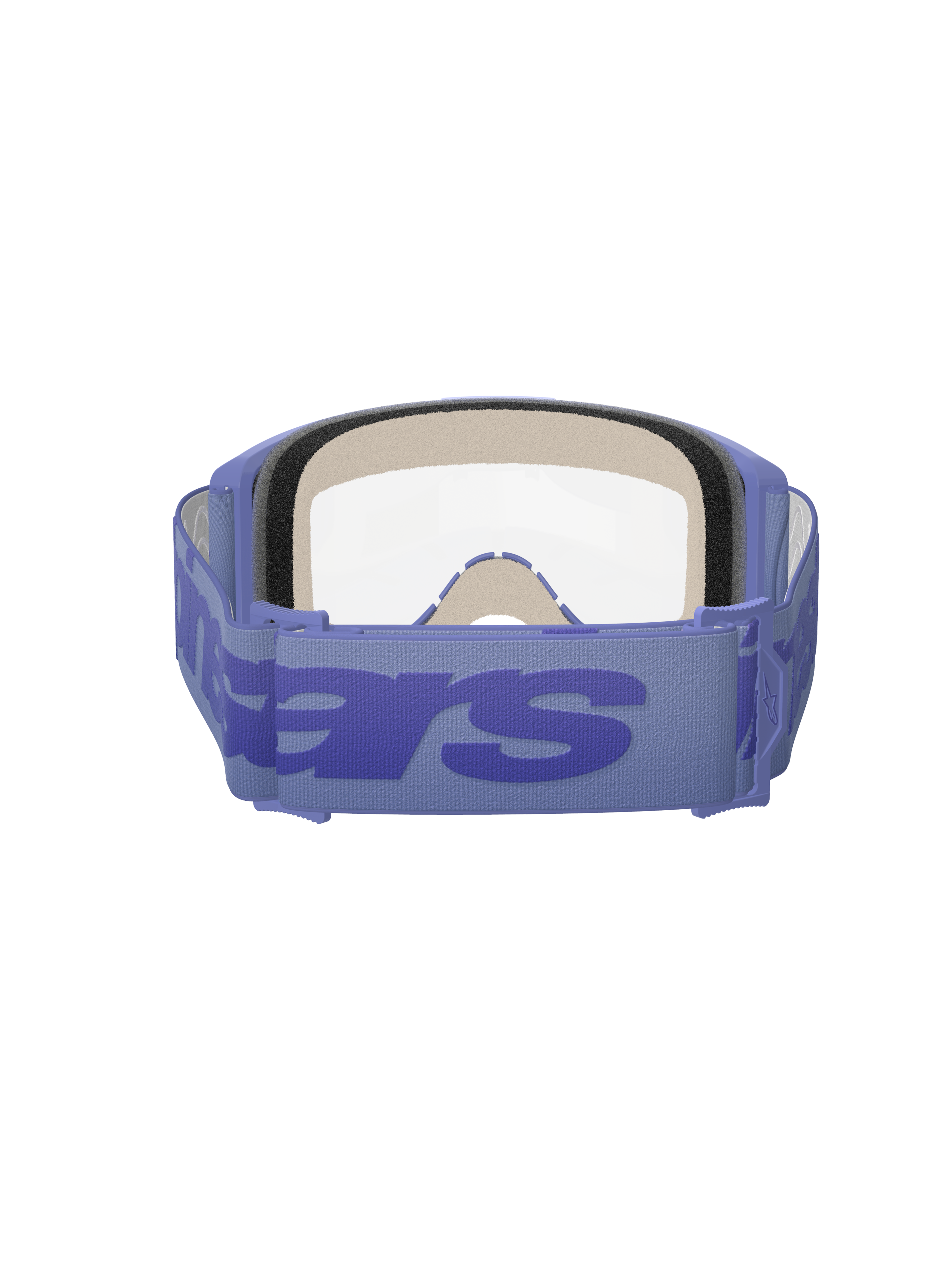 Alpinestars Vision 5 Wordmark Goggles, Lila und Klar, Rückansicht zeigt dreilagigen Gesichtsschaumstoff, breites lilafarbenes gewebtes Band mit markantem Wordmark-Branding, klare Scheibe, entwickelt für Motocross- und Offroad-Rennsport