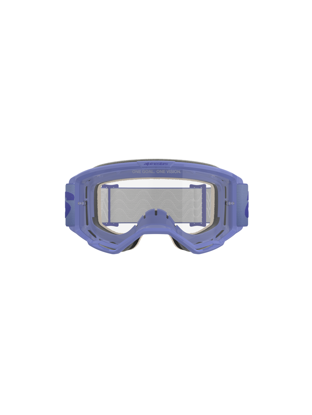 Alpinestars Vision 5 Wordmark Goggles, Lila und Klar, mit leichtem A-FLEX Urethan-Rahmen, klarer Anti-Beschlag-Polycarbonatlinse mit 'ONE GOAL. ONE VISION.'-Branding, 17 mm mehrschichtigem Gesichtsschaum und lila gewebtem Band mit markantem Wordmark-Logo, professioneller Motocross-Augenschutz