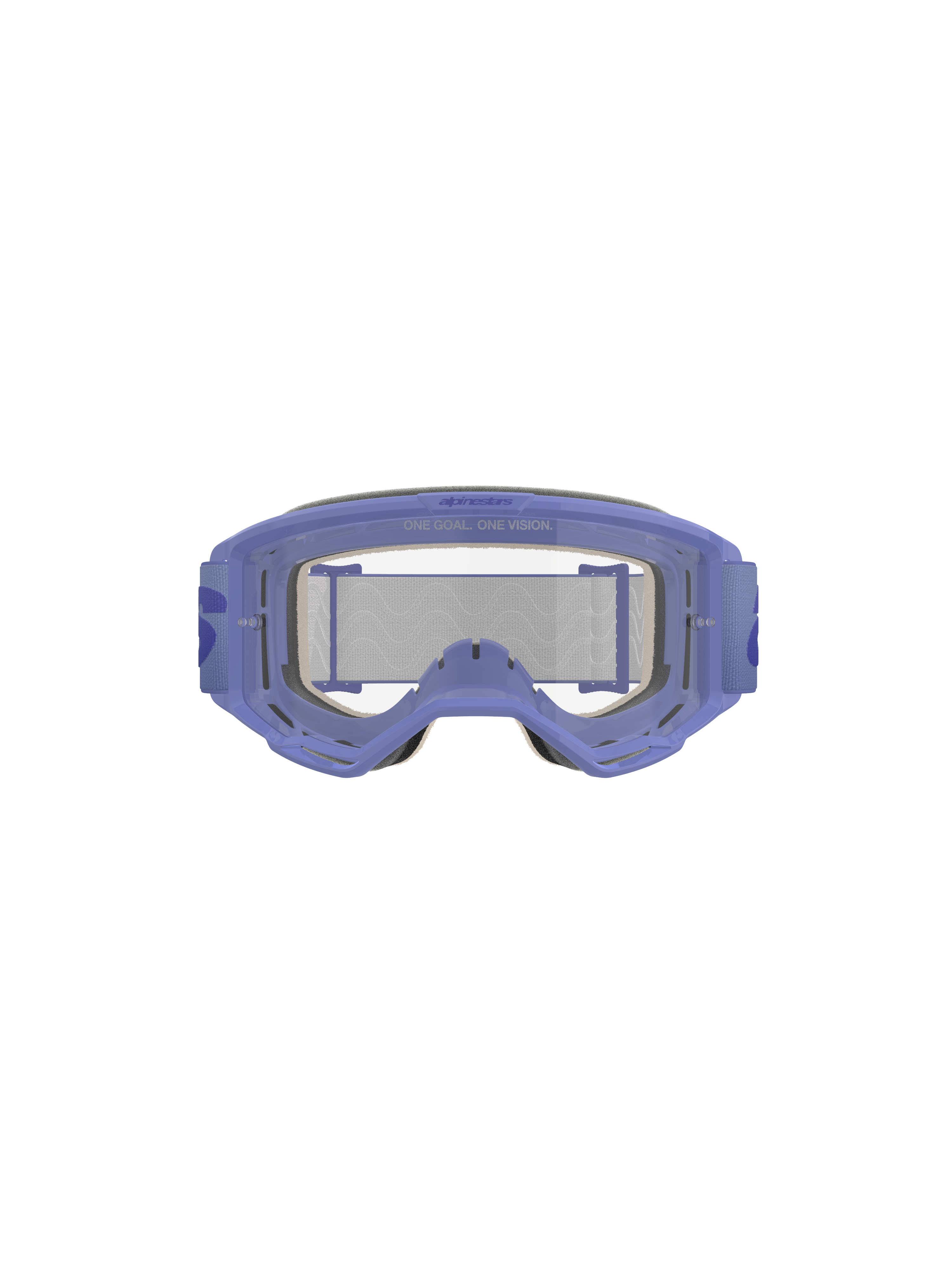 Alpinestars Vision 5 Wordmark Goggles, Lila und Klar, mit leichtem A-FLEX Urethan-Rahmen, klarer Anti-Beschlag-Polycarbonatlinse mit 'ONE GOAL. ONE VISION.'-Branding, 17 mm mehrschichtigem Gesichtsschaum und lila gewebtem Band mit markantem Wordmark-Logo, professioneller Motocross-Augenschutz