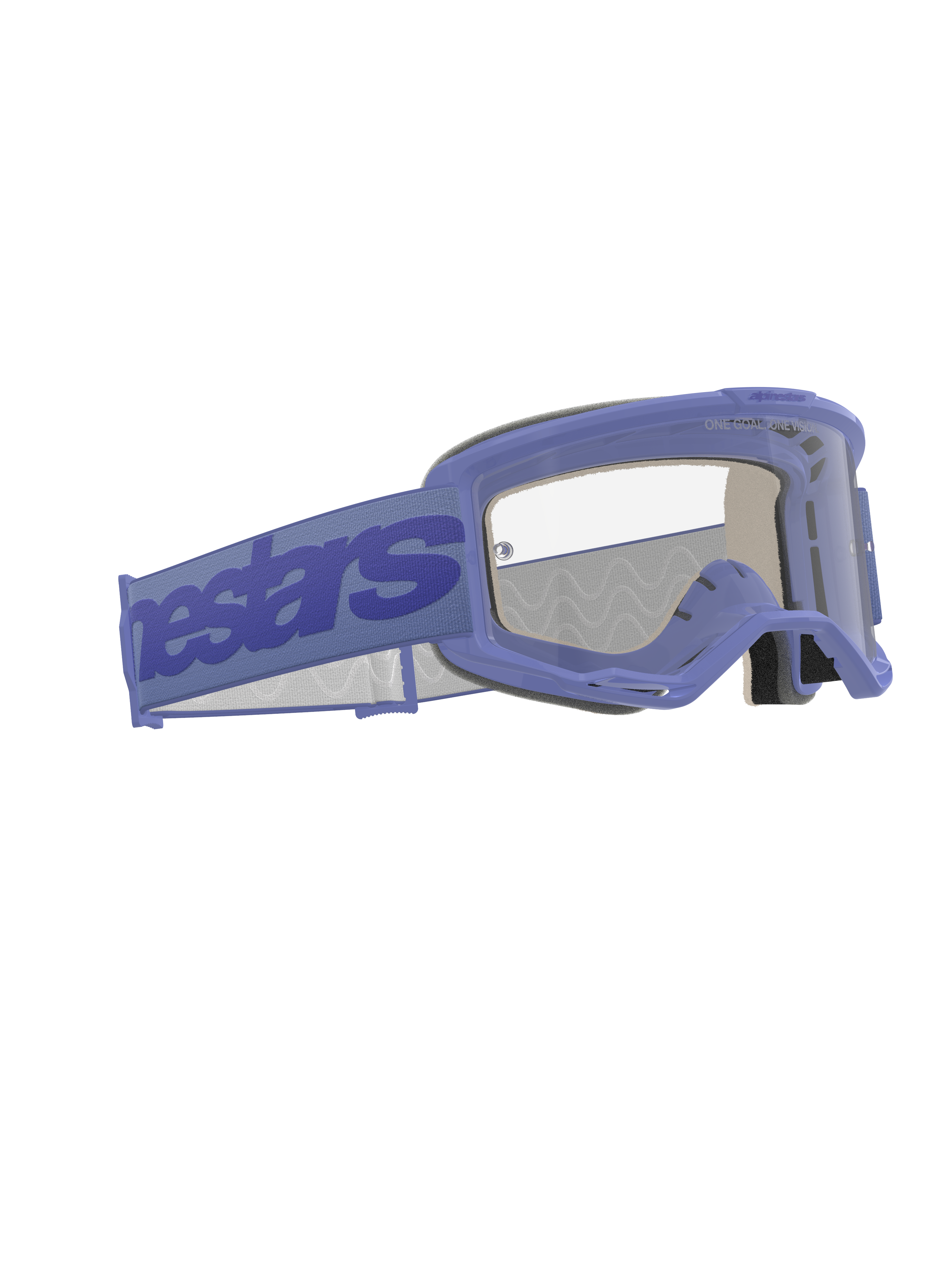 Alpinestars Vision 5 Wordmark Goggles, Motocross-Brille, Lila und Klar, mit breitem lila Band mit Alpinestars-Branding, flexiblem Urethan-Rahmen, klarer Anti-Beschlag-Scheibe und mehrlagigem Gesichtsschaum