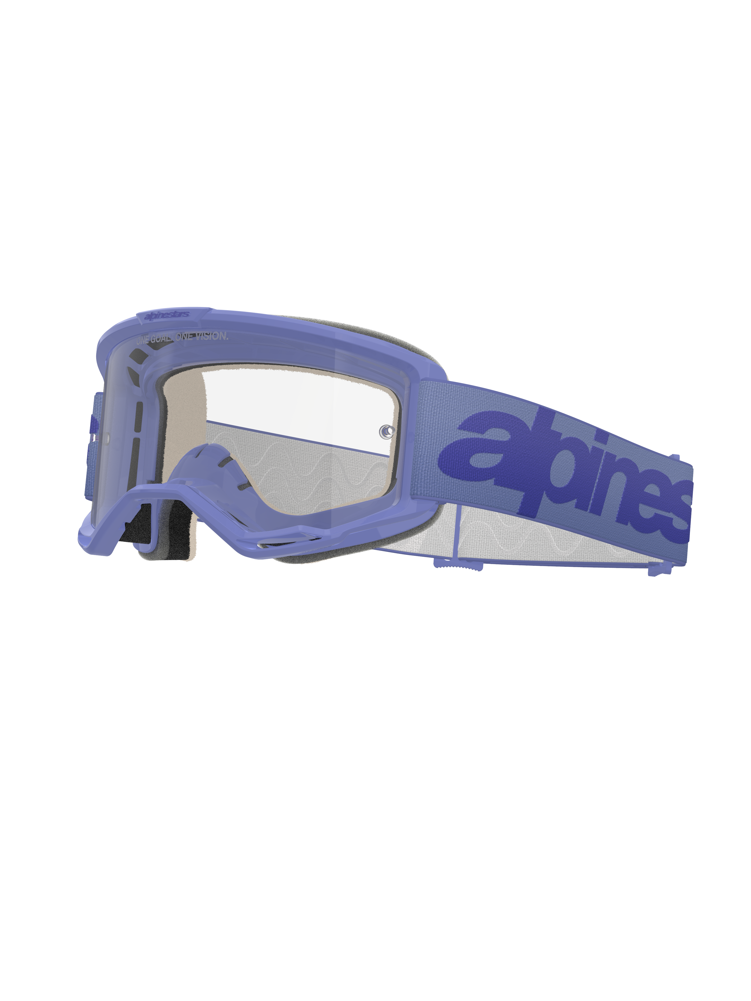 Alpinestars Vision 5 Wordmark Schutzbrille, Motocross-Brille, helllilafarbener Rahmen mit klarer Linse, lila Band mit dunkelblauem Schriftzug, belüftetes A-FLEX Design, mehrstufiger Gesichtsschaum, Offroad-Augenschutz