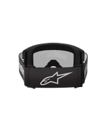 Alpinestars Vision 3 Wordmark Brille, Motocross-Brille, Schwarz und Silberverspiegelt, Rückansicht mit schwarzem gewebtem Band, weißem Alpinestars-Logo und weicher Schaumstoffpolsterung im Inneren.