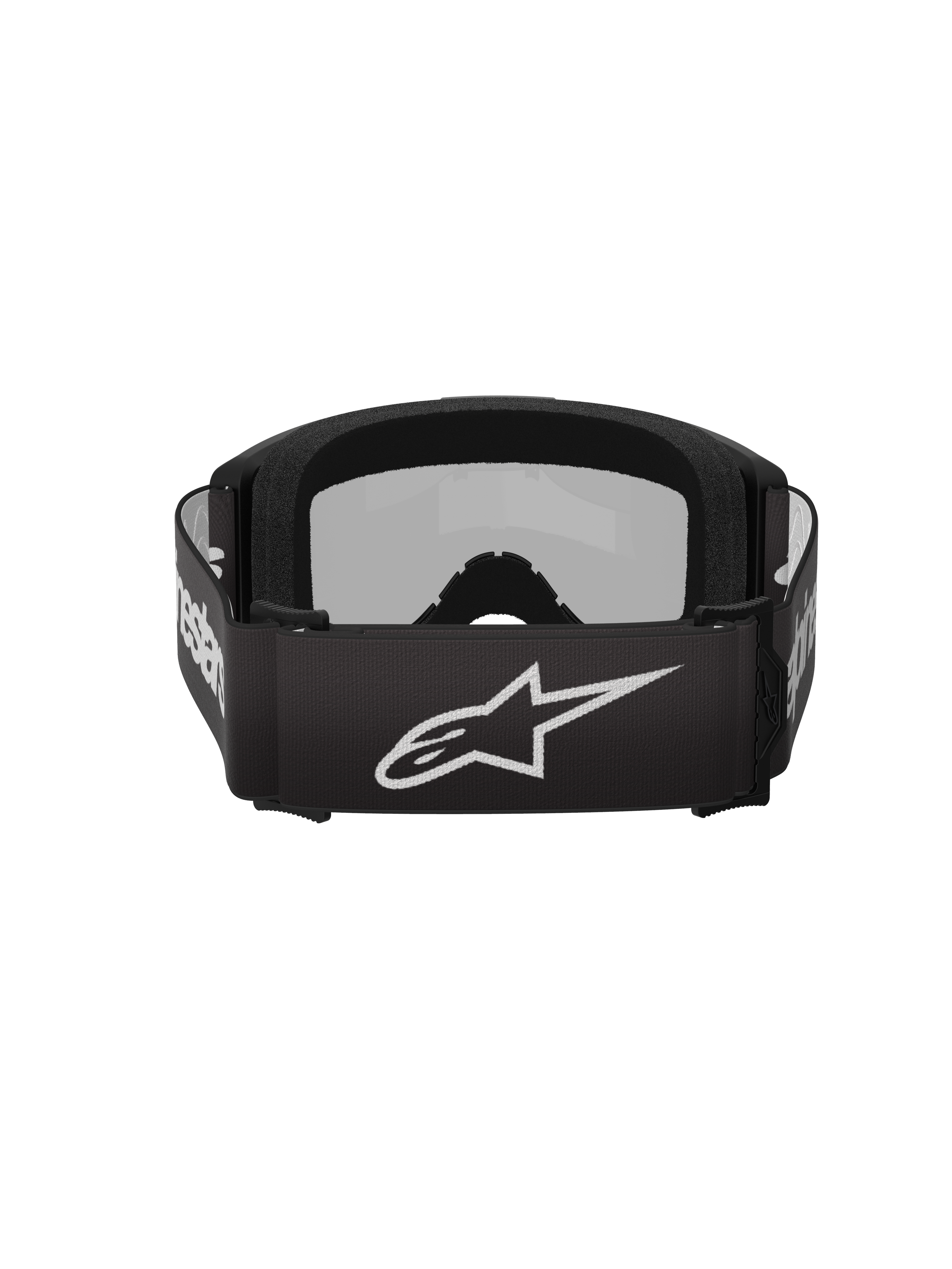 Alpinestars Vision 3 Wordmark Brille, Motocross-Brille, Schwarz und Silberverspiegelt, Rückansicht mit schwarzem gewebtem Band, weißem Alpinestars-Logo und weicher Schaumstoffpolsterung im Inneren.