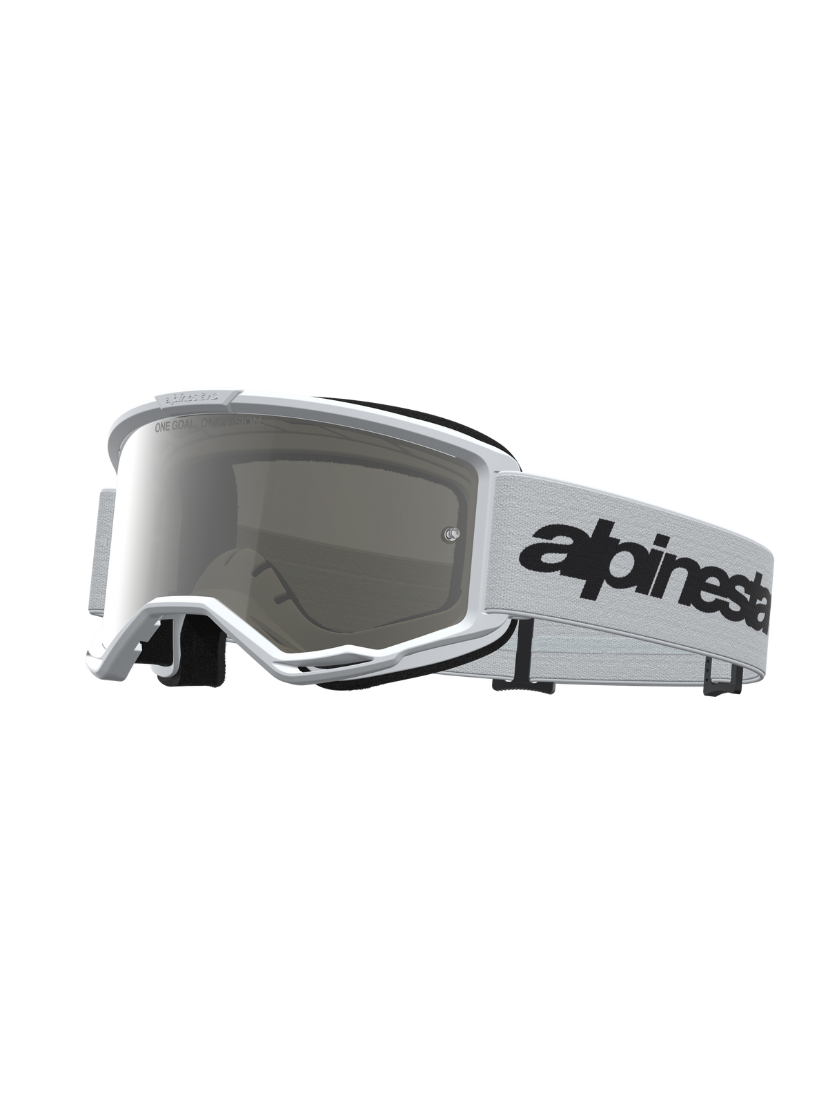 Alpinestars Vision 3 Wordmark Mirror Goggles, white motocross goggles with mirror silver anti-fog lens and black wordmark strap.