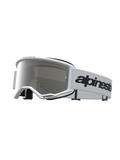 Alpinestars Vision 3 Schutzbrille Wordmark Mirror, weiße Motocross-Brille mit silberner Spiegelscheibe und schwarzem Logo-Band.