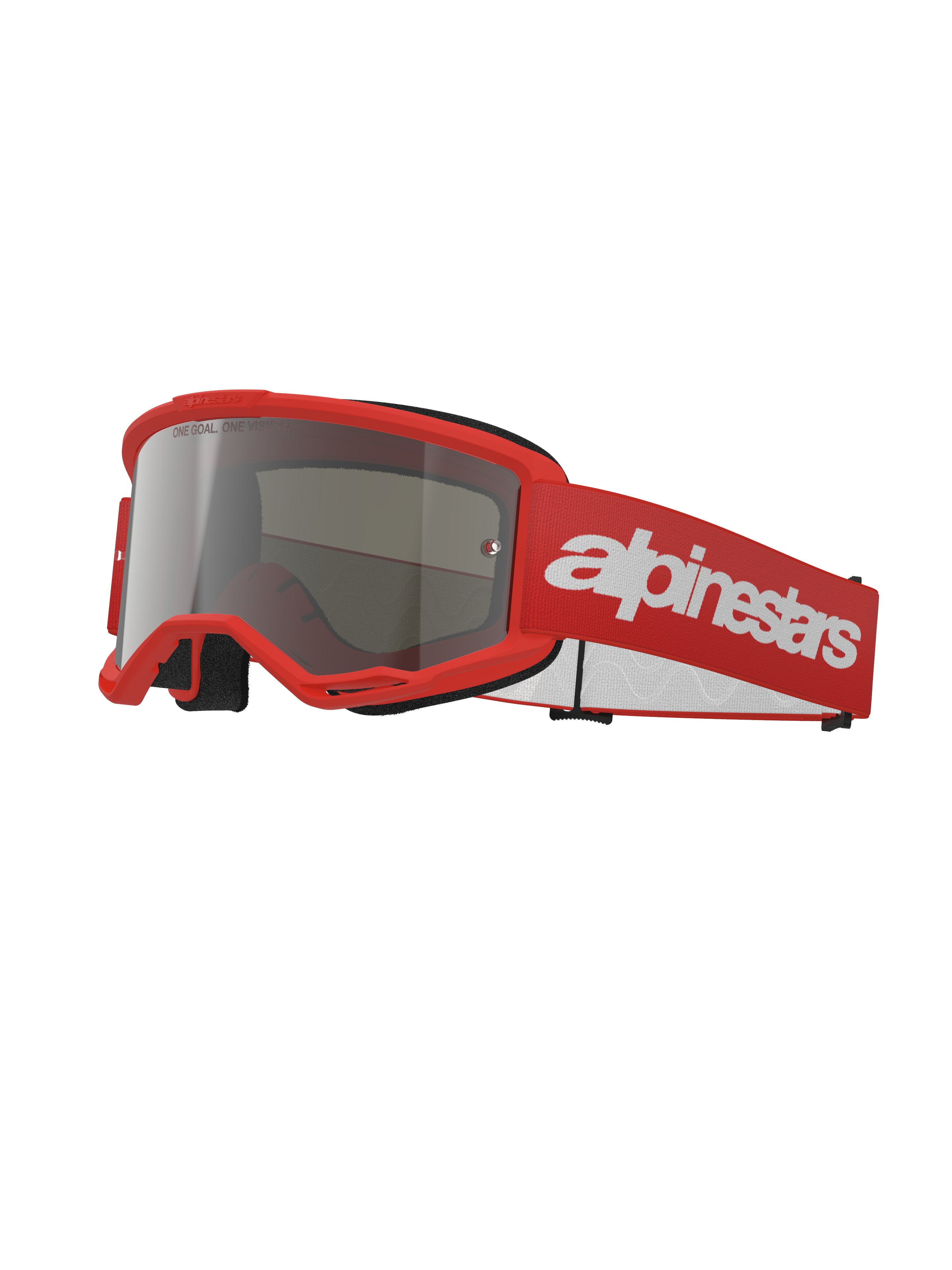 Alpinestars Vision 3 Wordmark Brille, Motocross-Brille, Rot und Silber verspiegelt, leuchtend roter Rahmen mit silber verspiegelter Linse, rotes gewebtes Band mit großem weißem Schriftzug-Logo, sportliche Offroad-Schutzbrille