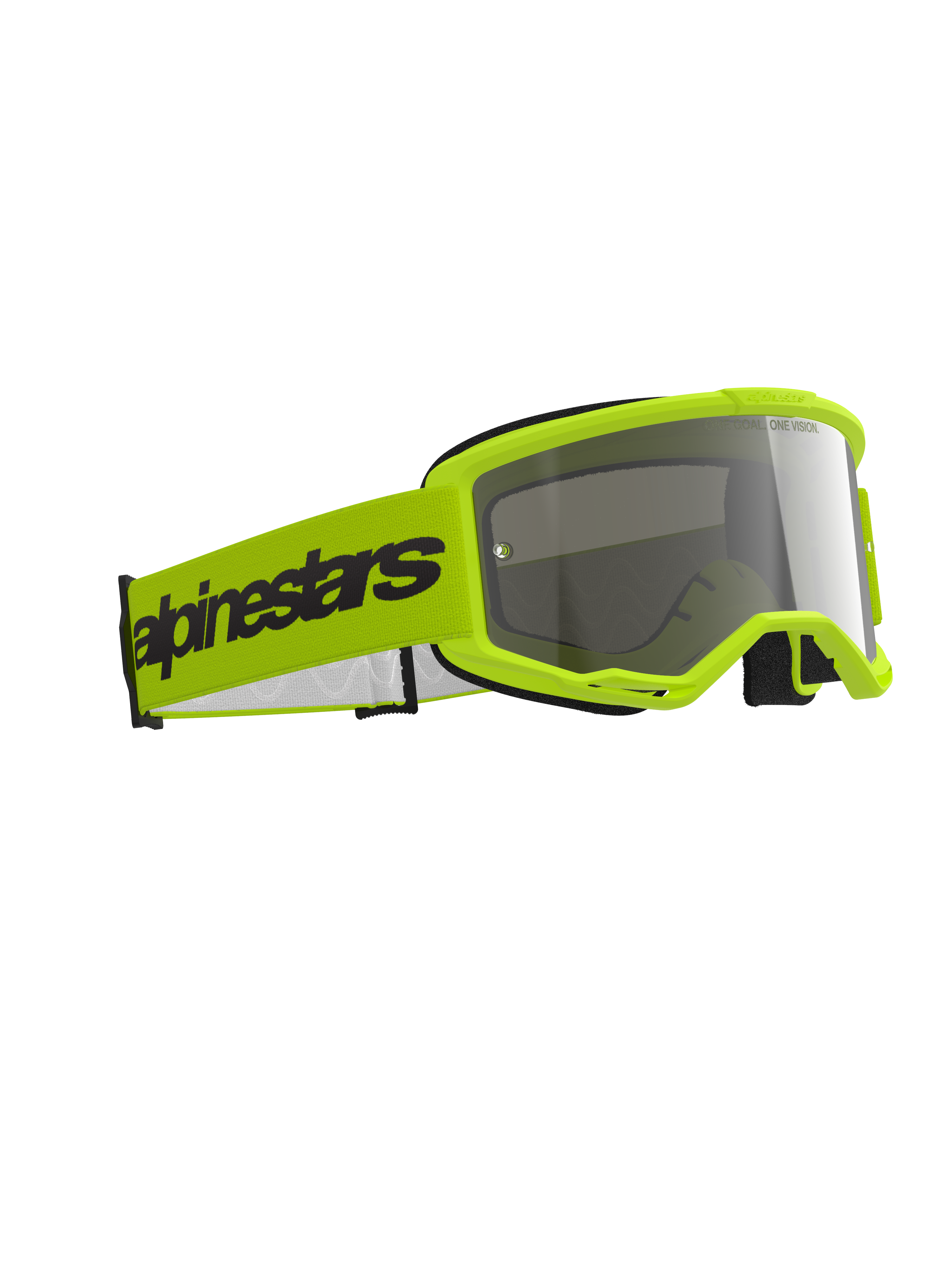Alpinestars Vision 3 Wordmark Goggles, Motocross Goggles, Yellow Fluo and Mirror Silver, bright yellow frame with reflective silver lens, wide yellow strap with black Alpinestars branding