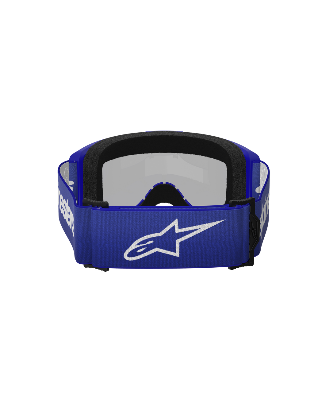 Alpinestars Vision 3 Wordmark Brille, Motocross-Brille, Blau Verspiegelt Silber, Rückansicht mit blauem gewebtem Band, weißem Alpinestars-Logo und zweilagigem schwarzem Gesichtsschaum