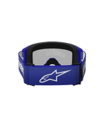Alpinestars Vision 3 Wordmark Brille, Motocross-Brille, Blau Verspiegelt Silber, Rückansicht mit blauem gewebtem Band, weißem Alpinestars-Logo und zweilagigem schwarzem Gesichtsschaum
