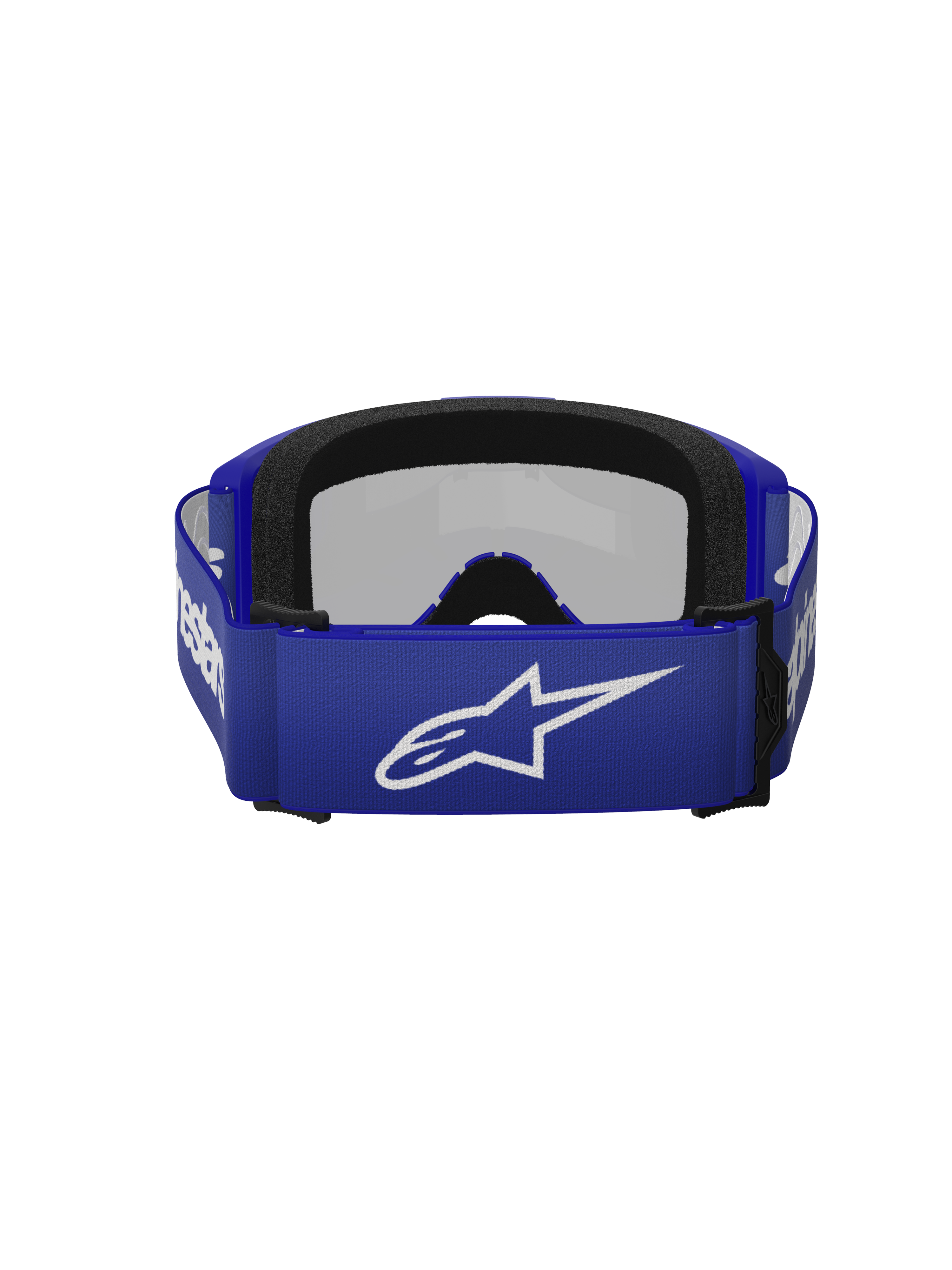 Alpinestars Vision 3 Wordmark Brille, Motocross-Brille, Blau Verspiegelt Silber, Rückansicht mit blauem gewebtem Band, weißem Alpinestars-Logo und zweilagigem schwarzem Gesichtsschaum