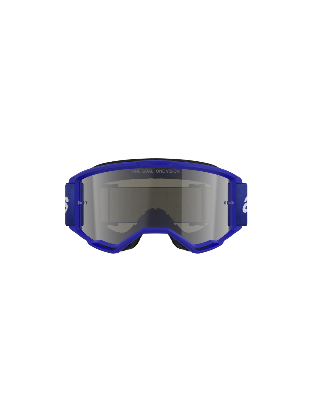 Alpinestars Vision 3 Wordmark Brille, Motocross-Brille, Blau und Silber verspiegelt, mit einem leuchtend blauen Rahmen und breitem Band mit weißem Wordmark-Branding, silber verspiegelte Linse mit „ONE GOAL. ONE VISION.“ Schriftzug, professionelle Offroad-Schutzbrille.