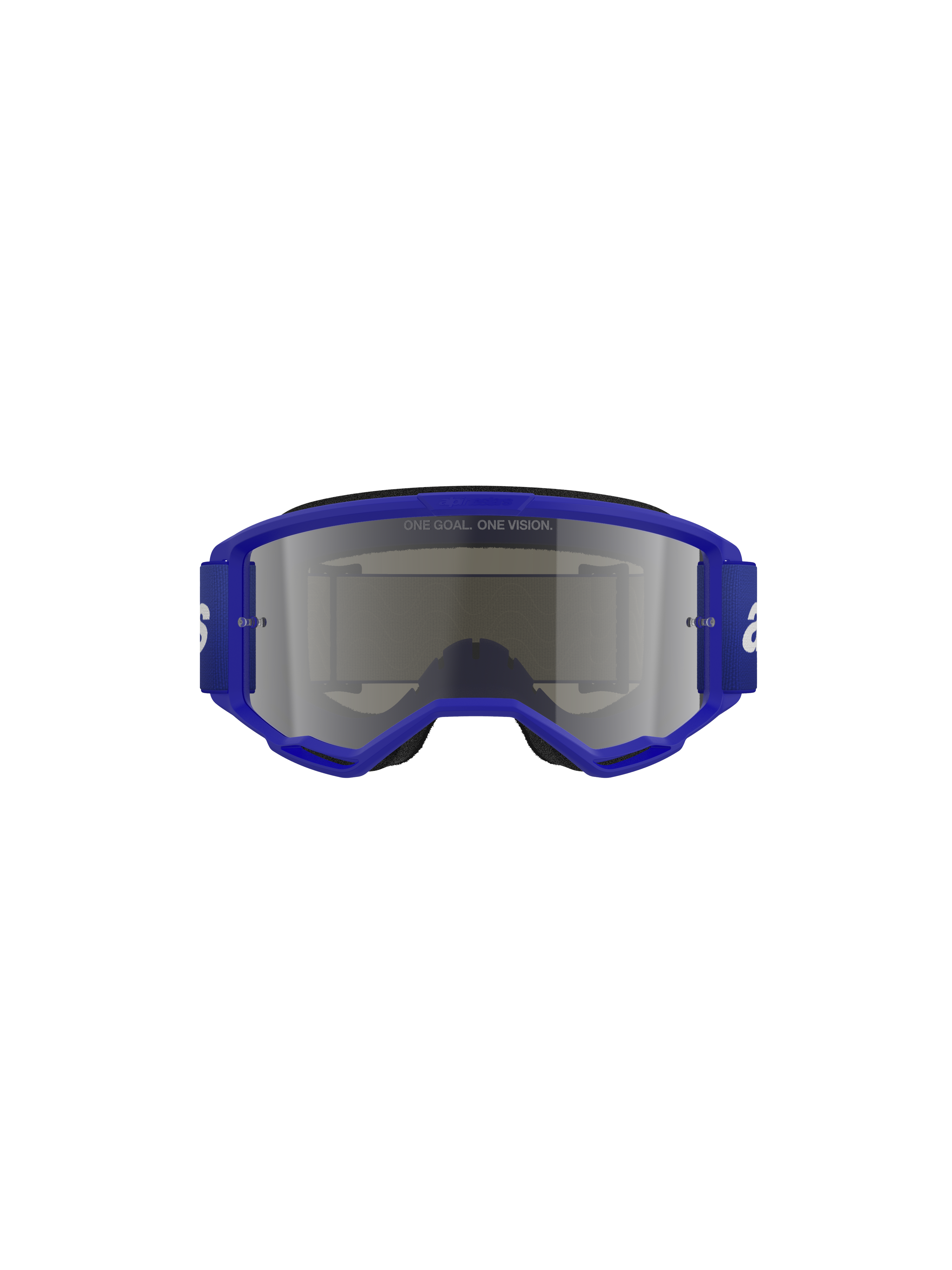 Alpinestars Vision 3 Wordmark Brille, Motocross-Brille, Blau und Silber verspiegelt, mit einem leuchtend blauen Rahmen und breitem Band mit weißem Wordmark-Branding, silber verspiegelte Linse mit „ONE GOAL. ONE VISION.“ Schriftzug, professionelle Offroad-Schutzbrille.