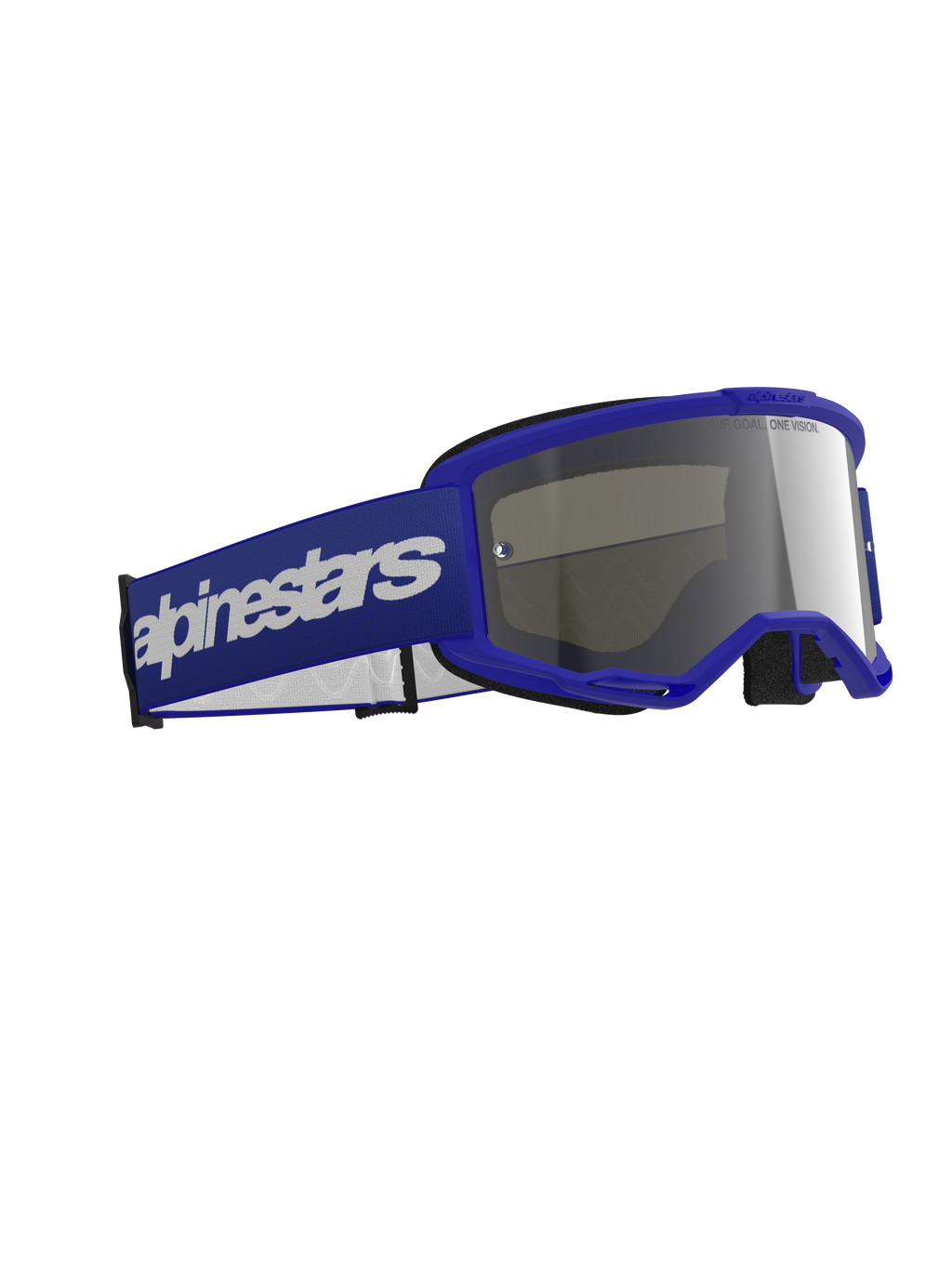 Alpinestars Vision 3 Wordmark Brille, Motocross-Brille, Blau mit silber verspiegelter Linse, blauer Rahmen und breites blaues Band mit weißem Logo-Schriftzug, langlebiges Design für Offroad-Rennen