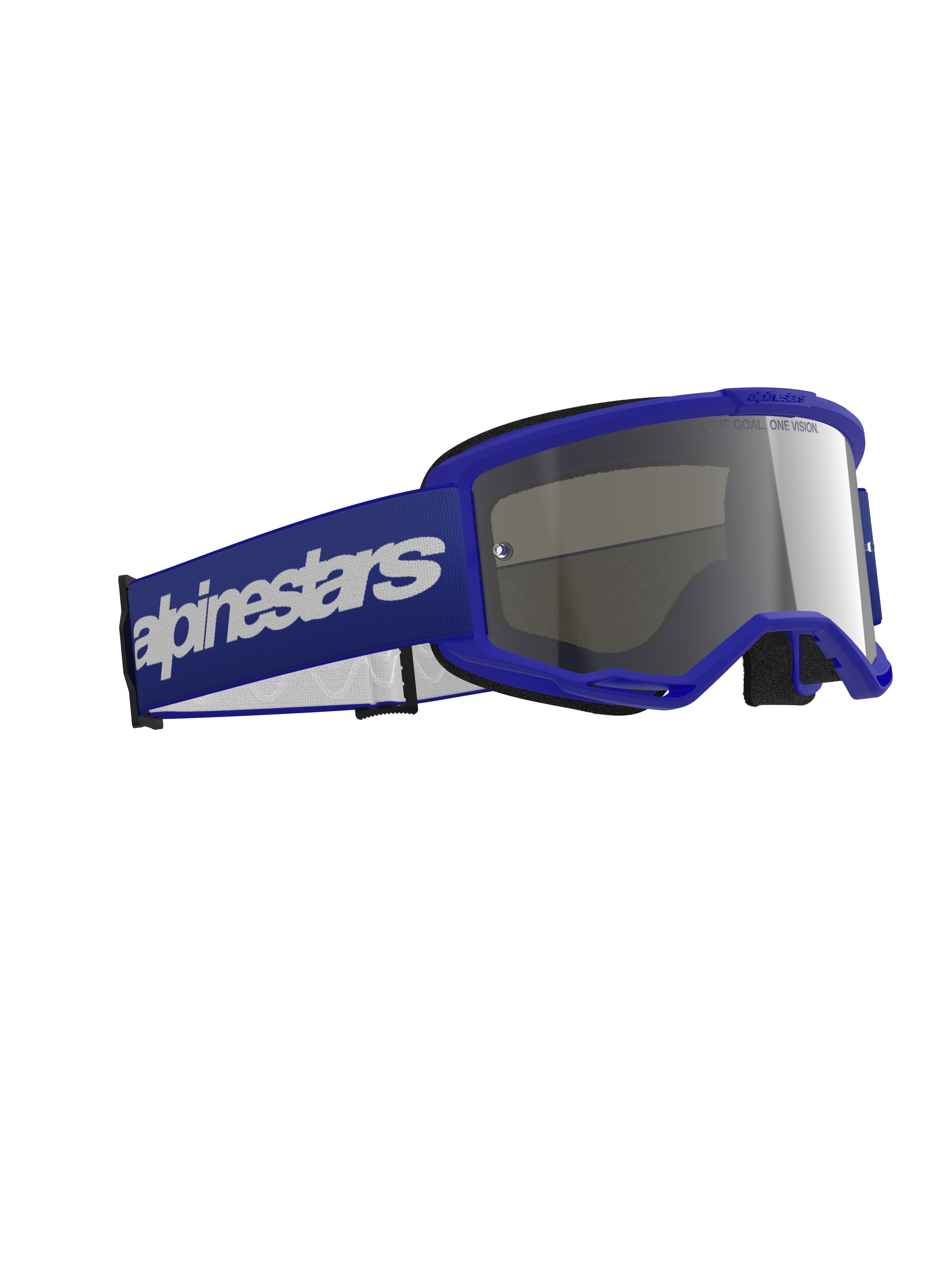 Alpinestars Vision 3 Wordmark Brille, Motocross-Brille, Blau mit silber verspiegelter Linse, blauer Rahmen und breites blaues Band mit weißem Logo-Schriftzug, langlebiges Design für Offroad-Rennen