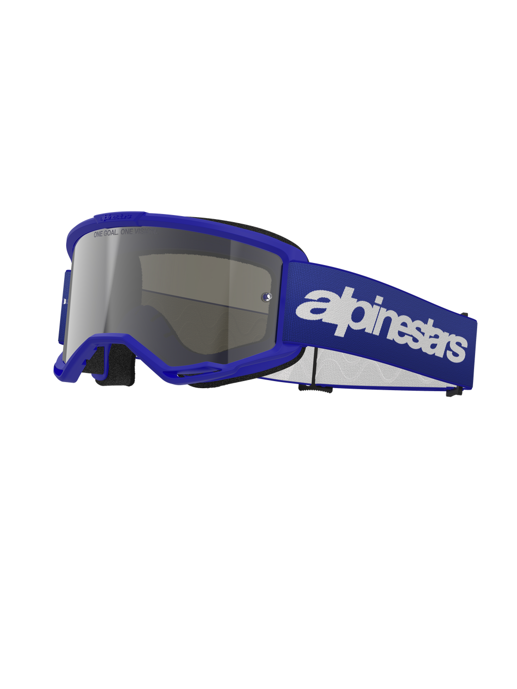 Alpinestars Vision 3 Wordmark Brille, Motocross-Brille, blauer Rahmen mit silber verspiegelter Linse, breites verstellbares blaues Band mit markantem weißem Alpinestars-Wortmarkenlogo, schwarzer Gesichtsschaum, Schutzbrille für Offroad- und Dirtbike-Fahrten
