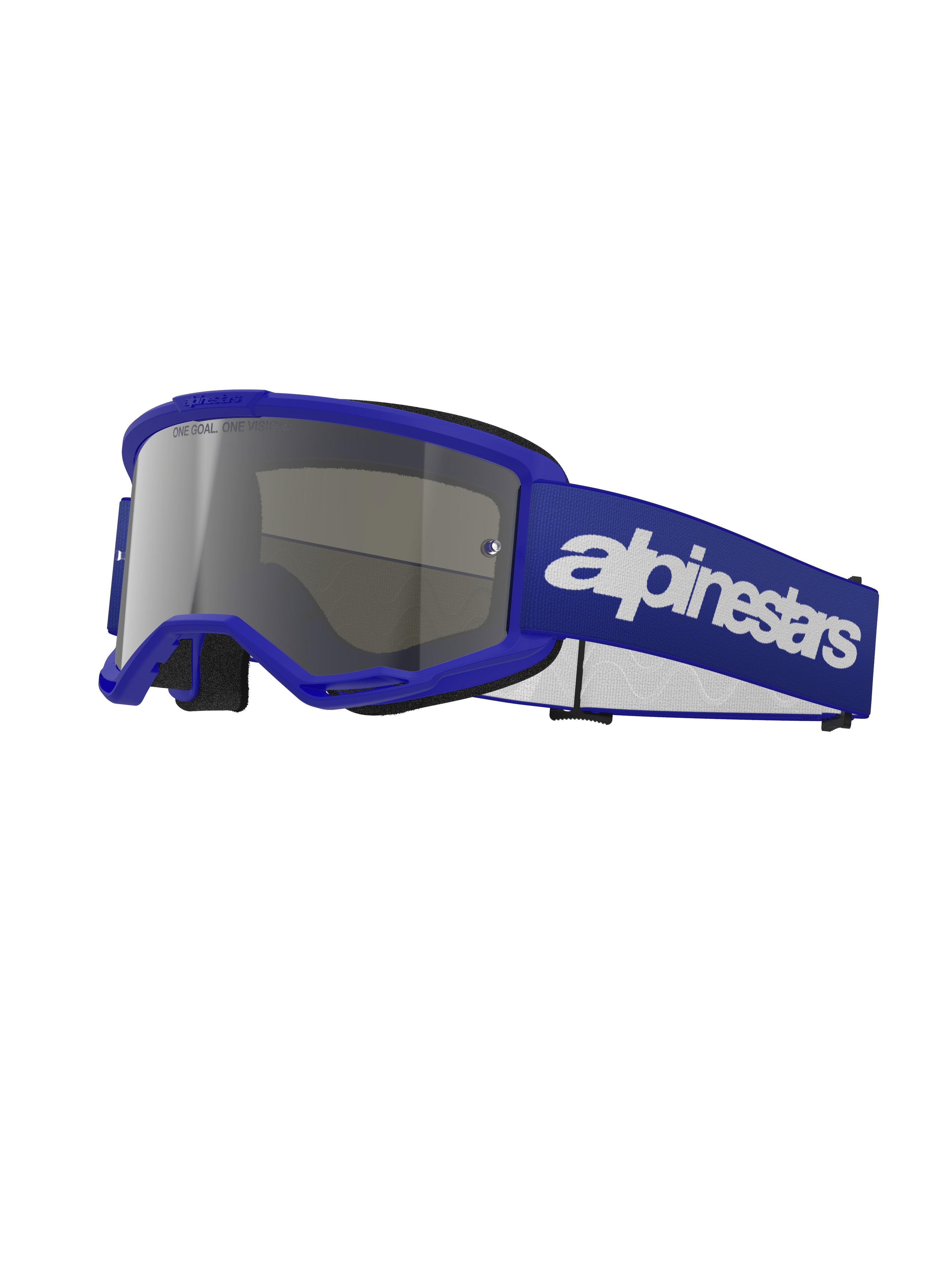 Alpinestars Vision 3 Wordmark Brille, Motocross-Brille, blauer Rahmen mit silber verspiegelter Linse, breites verstellbares blaues Band mit markantem weißem Alpinestars-Wortmarkenlogo, schwarzer Gesichtsschaum, Schutzbrille für Offroad- und Dirtbike-Fahrten