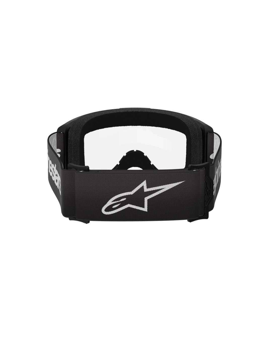 Alpinestars Vision 3 Wordmark Goggles, Motocross-Brille, Schwarz und Klar, Rückansicht mit breitem schwarzem Band, weißem Alpinestars Stern-Logo und Schriftzug, dickem schwarzem Gesichtsschaum und klarer Scheibe.