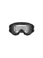 Alpinestars Vision 3 Wordmark Brille, Motocross-Brille, Schwarz und Klar, Vorderansicht mit klarer Antibeschlag-Linse, A-FLEX-Rahmen, schwarzem Brillenband mit weißem Alpinestars-Logo und „ONE GOAL. ONE VISION.“ Slogan-Detail.