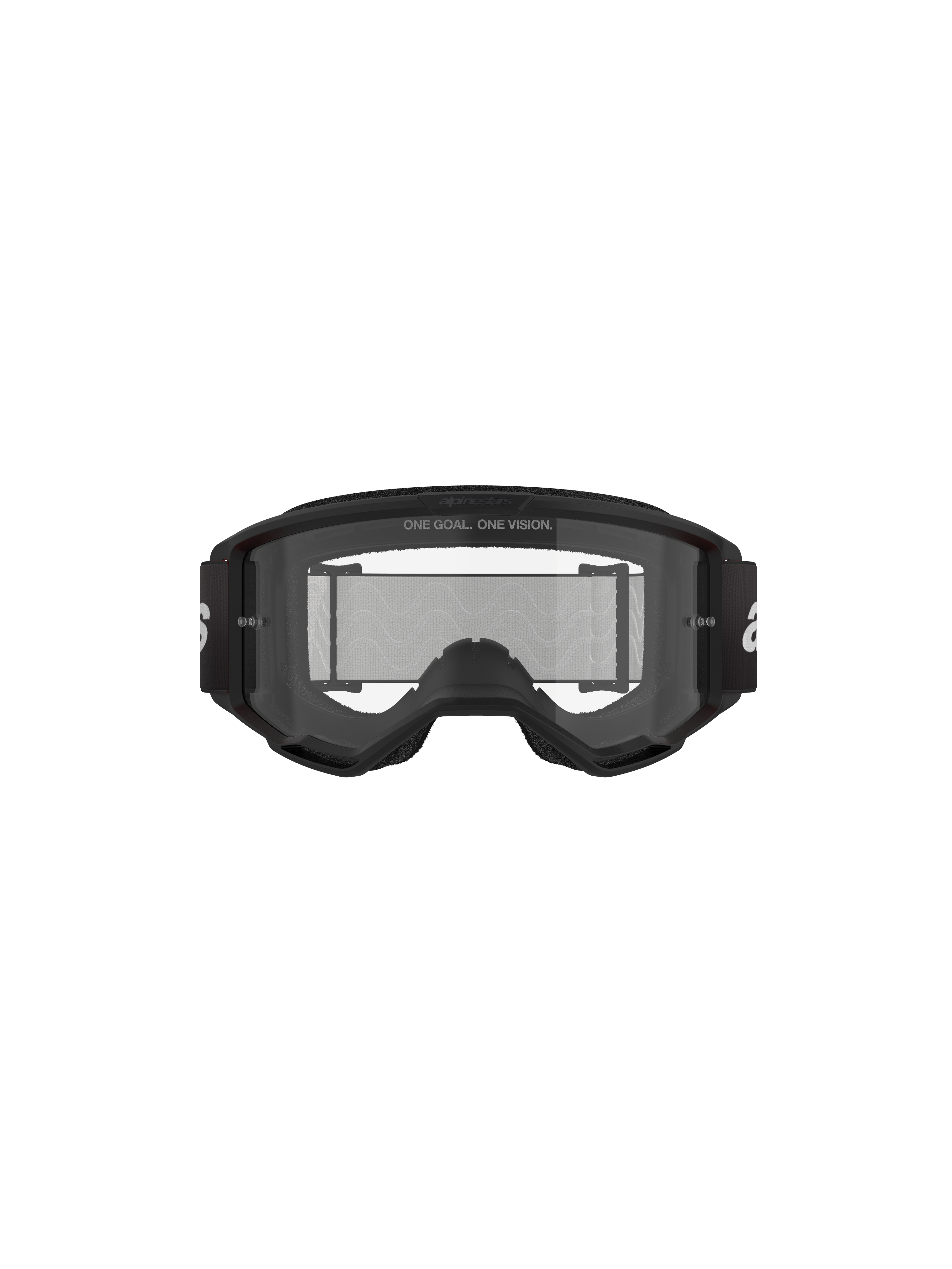 Alpinestars Vision 3 Wordmark Brille, Motocross-Brille, Schwarz und Klar, Vorderansicht mit klarer Antibeschlag-Linse, A-FLEX-Rahmen, schwarzem Brillenband mit weißem Alpinestars-Logo und „ONE GOAL. ONE VISION.“ Slogan-Detail.