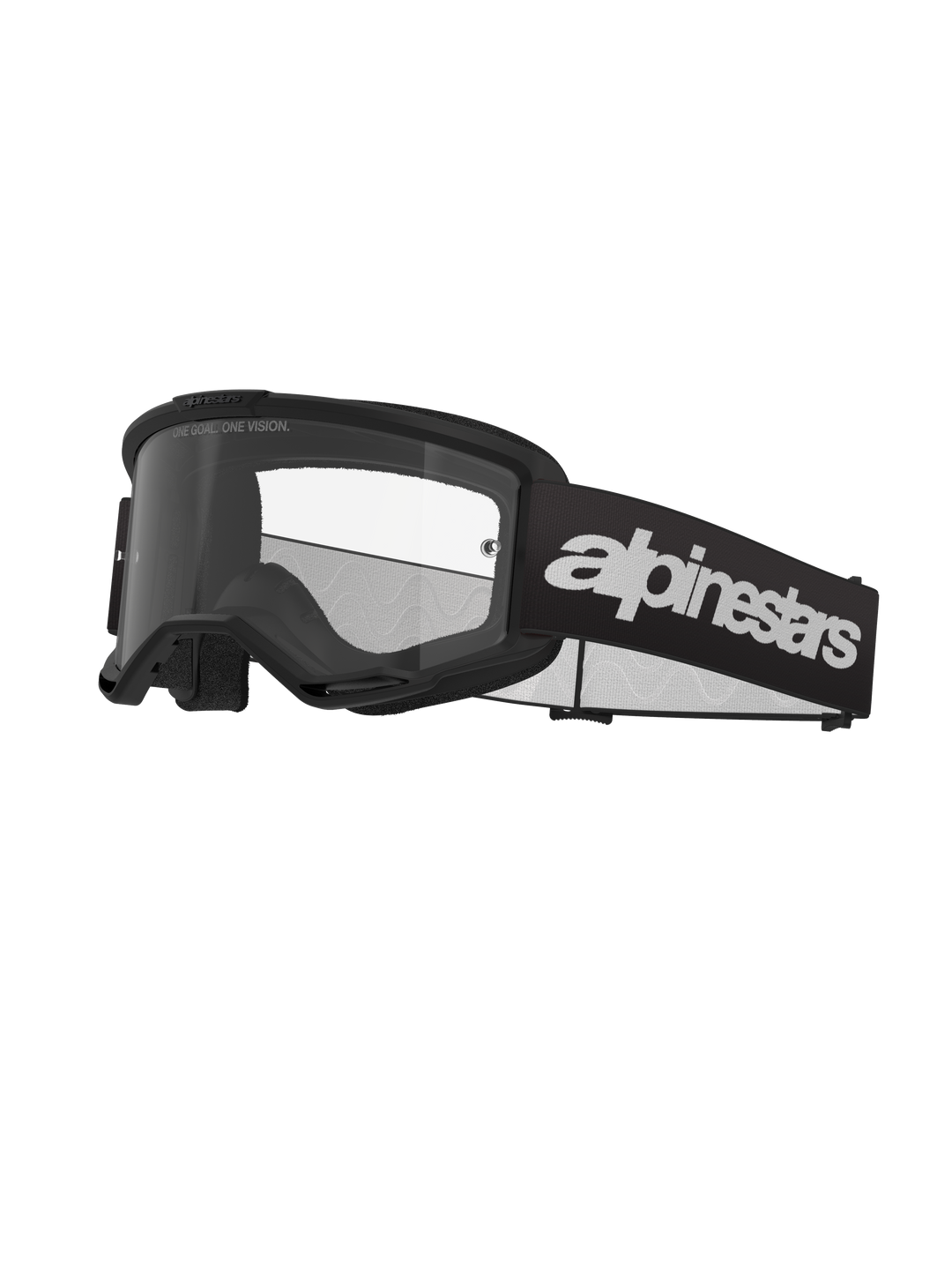 Alpinestars Vision 3 Wordmark Brille, Motocross-Schutzbrille, Schwarz und Klar, mit auffälligem weißem Alpinestars-Branding auf dem Band, klarer Linse mit „ONE GOAL. ONE VISION.“ Schriftzug und minimalistischem Rahmendesign