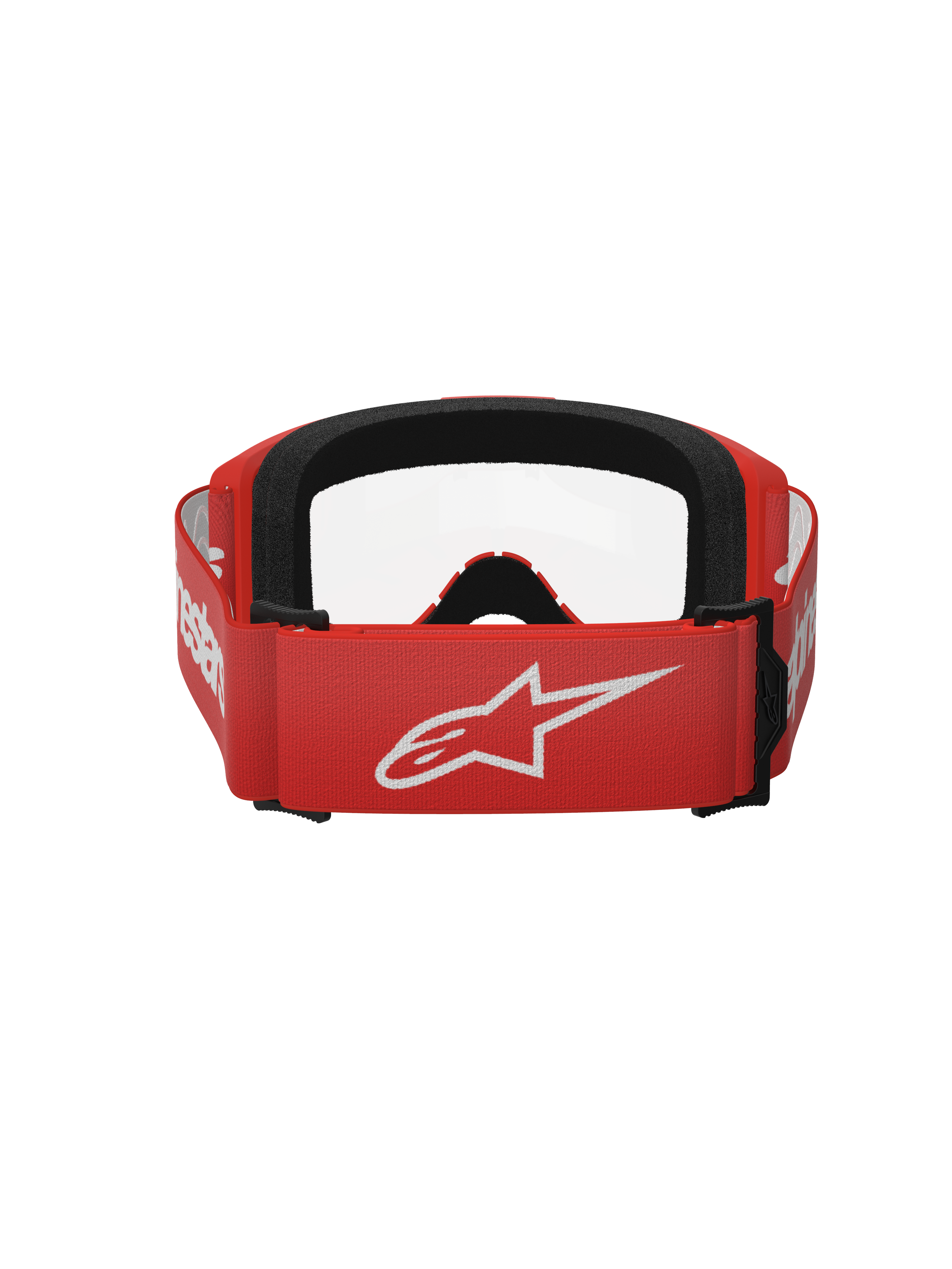 Alpinestars Vision 3 Wordmark Goggles, Motocross Goggles, Red and Clear, Rear view showing red woven strap with large white Alpinestars logo and black face foam padding