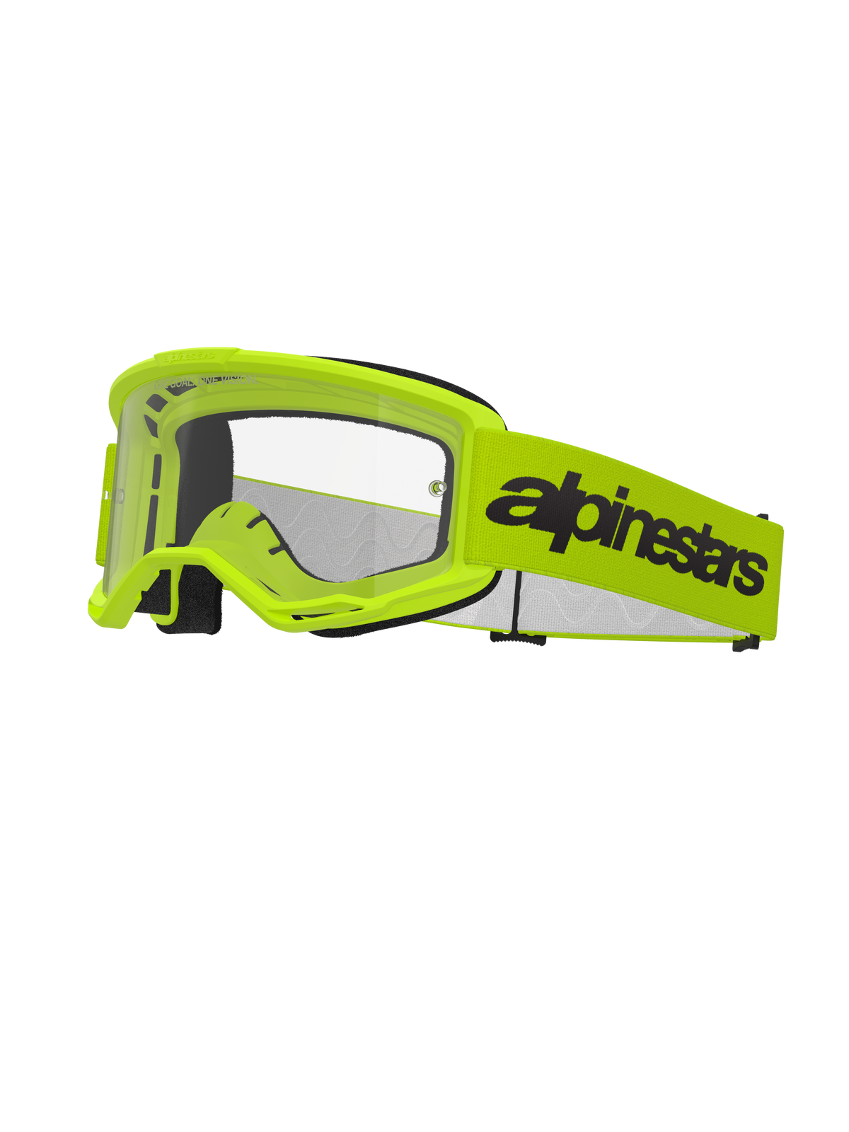 Alpinestars Vision 3 Wordmark Brille, Motocross-Brille, Fluorgelb und Schwarz, klare Linse, breites gelbes Band mit markantem schwarzem Wortmarken-Logo, schwarze Schaumstoffpolsterung, Offroad-Rennsportbrille