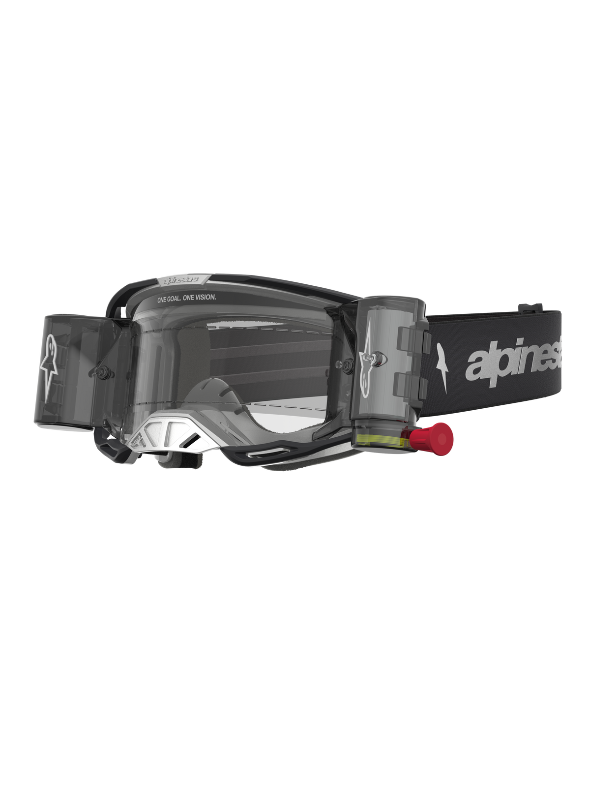 Alpinestars Vision 8 Amber Roll-Off Schutzbrille, Motocross-Brille in Schwarz und Silber mit klarem Roll-Off-System.