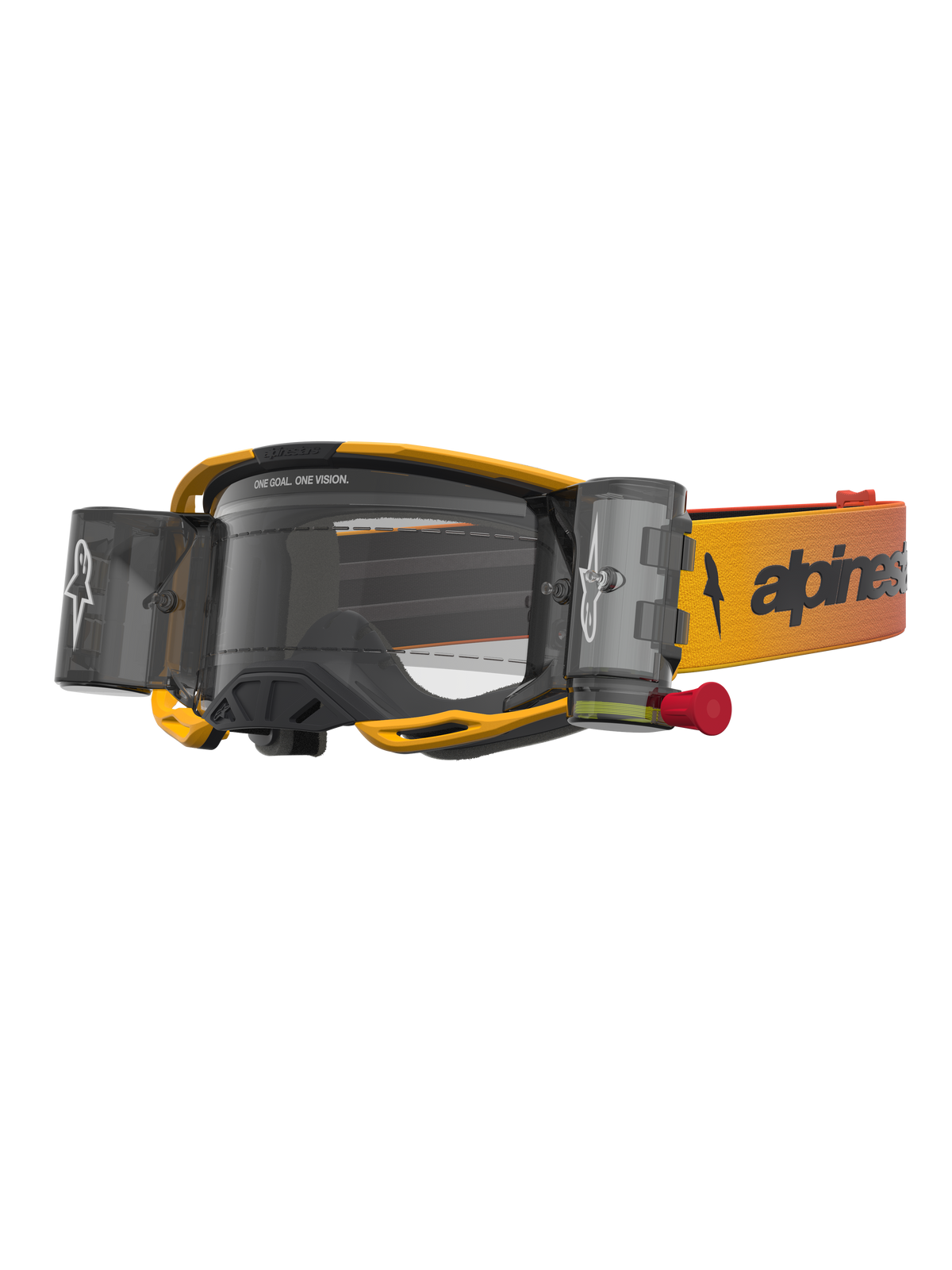 Alpinestars Vision 8 Amber Roll Off Goggles, Yellow and Red motocross goggles with clear lens and roll-off system.