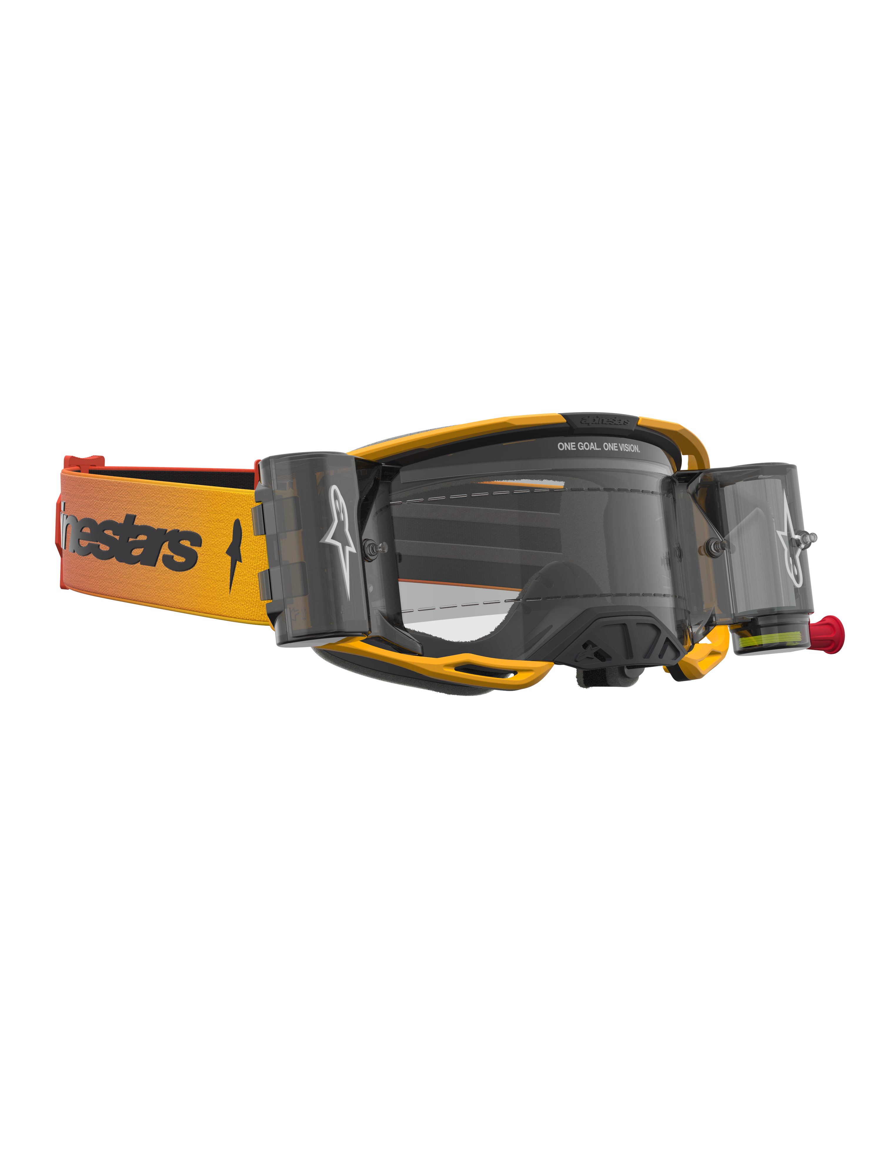 Alpinestars Vision 8 Amber Roll-Off Schutzbrille, gelb-schwarze Motocross-Brille mit klarer Linse und Roll-Off-Kartuschen.