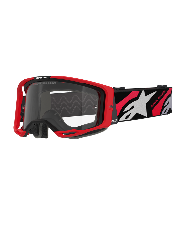 Alpinestars Vision 8 Luar Goggles, Motocross Goggles, Red and Black with Clear Lens, featuring a red A-FLEX frame, clear anti-fog lens, and a black woven strap with red and white graphics and Alpinestars branding
