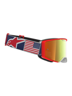 Alpinestars Supertech Fiftyfold Goggles, blue and red motocross goggles with an American flag graphic strap.