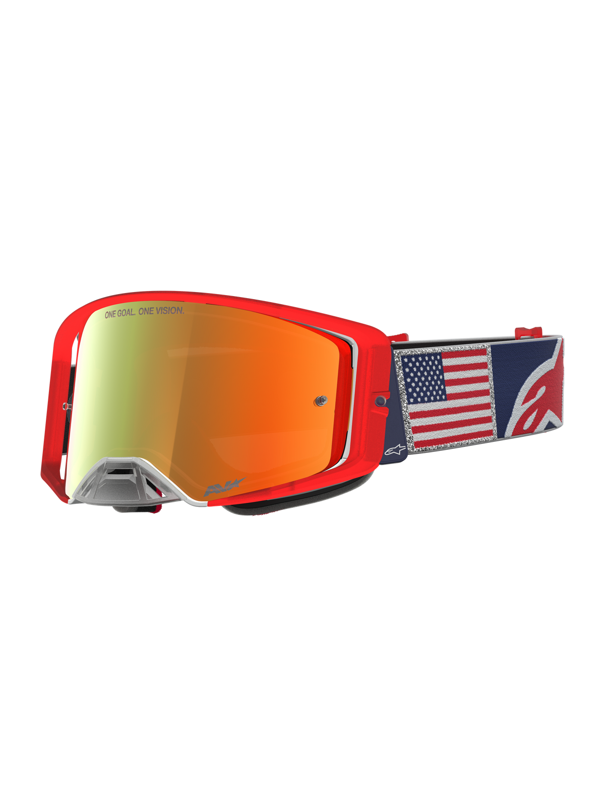 Alpinestars Supertech Fiftyfold Schutzbrille, MX-Brille, Rot und Blau, verspiegelte Scheibe und USA-Flaggen-Gurt.