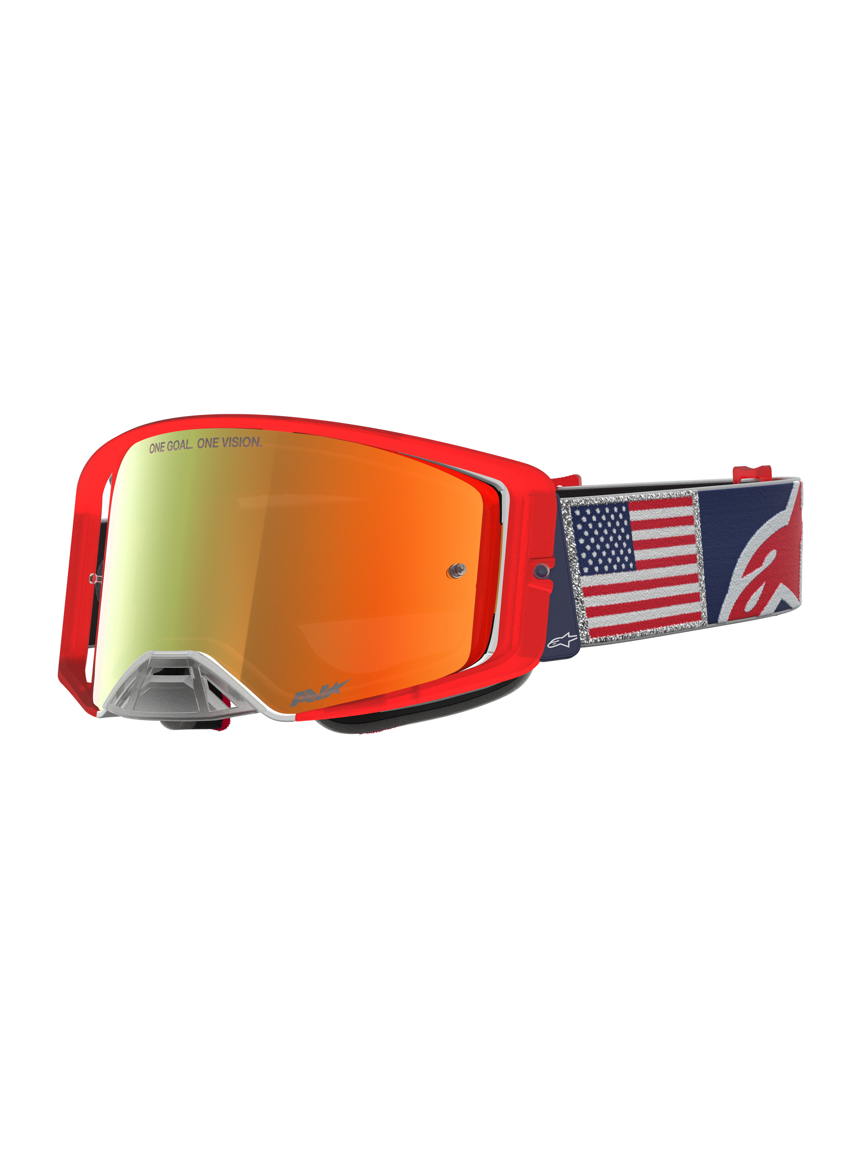 Alpinestars Supertech Fiftyfold Schutzbrille, MX-Brille, Rot und Blau, verspiegelte Scheibe und USA-Flaggen-Gurt.