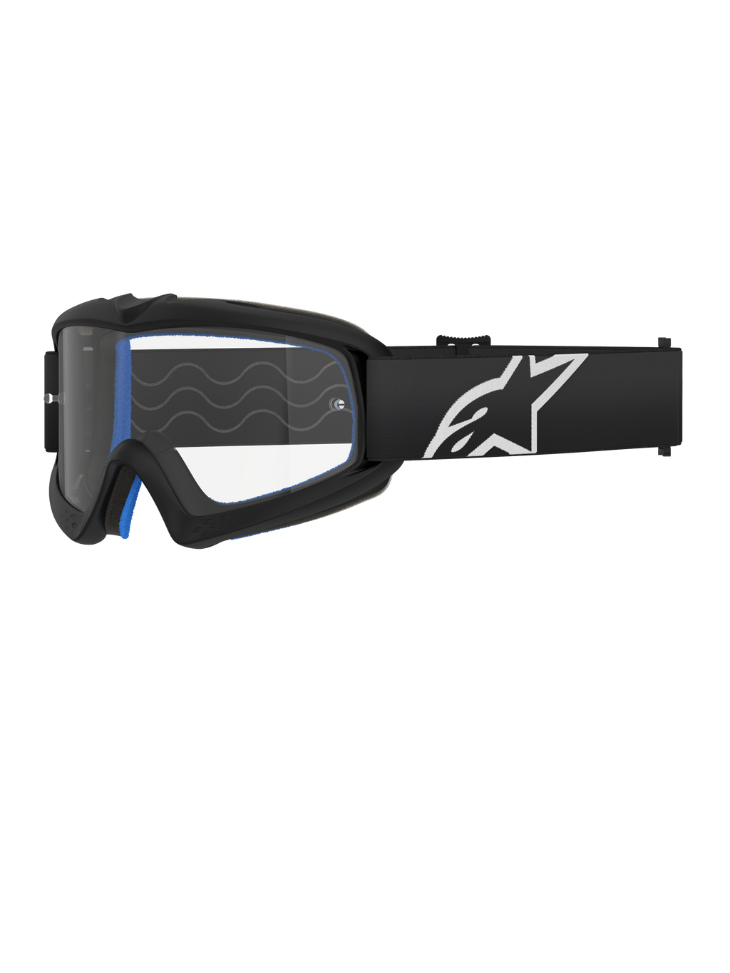 Alpinestars Vision Youth Corp Goggles, Motocross Goggles for Youth, Black with Blue Padding, Clear Lens with Wavy Pattern, Black Strap with White Star Logo, Sleek Modern Design
