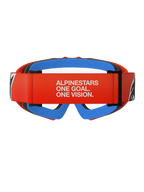 Alpinestars Vision Youth Corp Goggles, Motocross Goggles, Orange with Clear lens, rear view featuring orange strap with white Alpinestars slogan, blue inner face foam, and clear polycarbonate lens