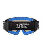 Alpinestars Vision Youth Corp Goggles, Black Mirror Silver, Motocross Goggles, back view featuring black strap with 'ALPINESTARS ONE GOAL. ONE VISION.' white text, bright blue plush face foam, and black A-FLEX frame.