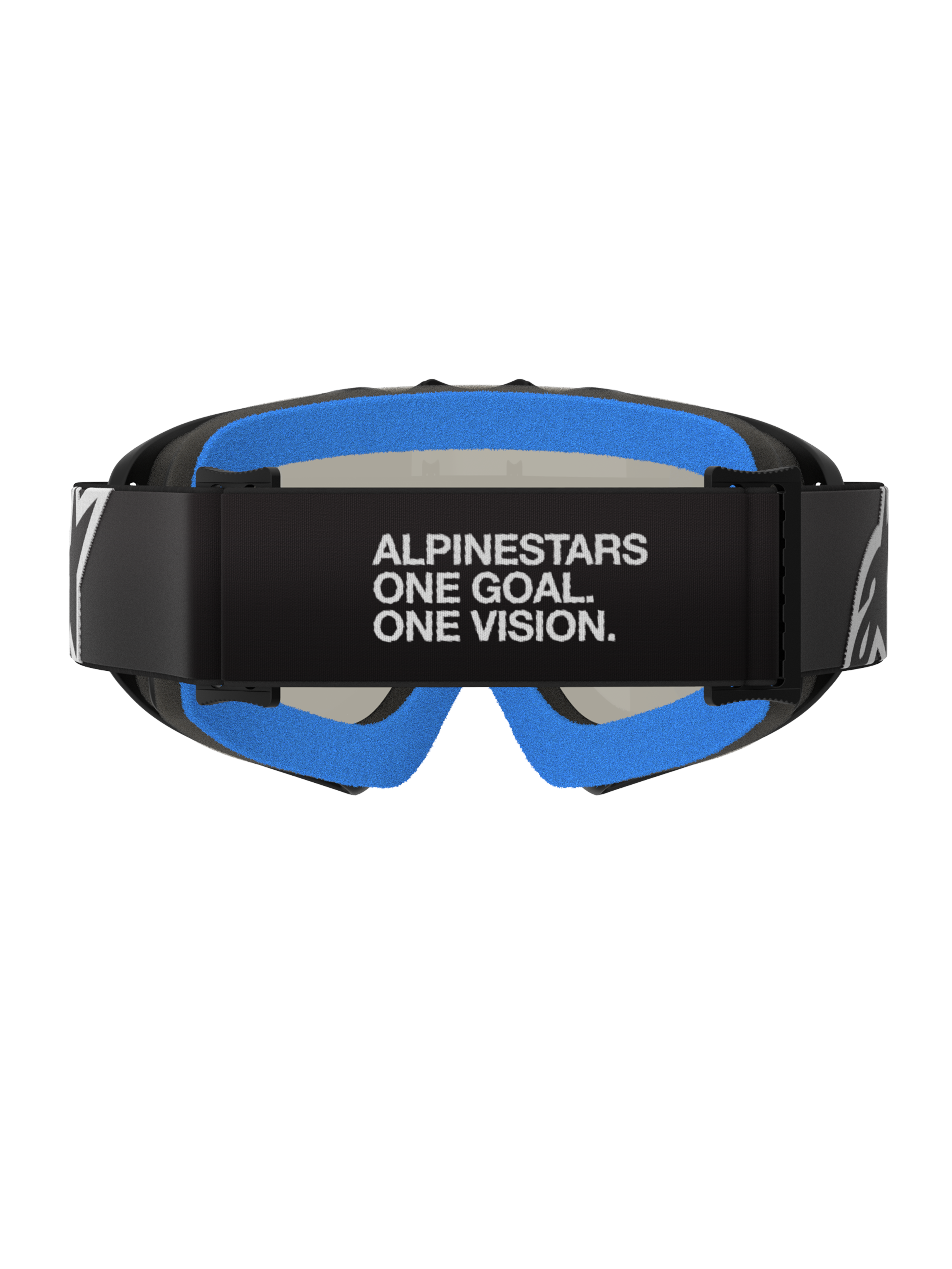 Alpinestars Vision Youth Corp Goggles, Black Mirror Silver, Motocross Goggles, back view featuring black strap with 'ALPINESTARS ONE GOAL. ONE VISION.' white text, bright blue plush face foam, and black A-FLEX frame.