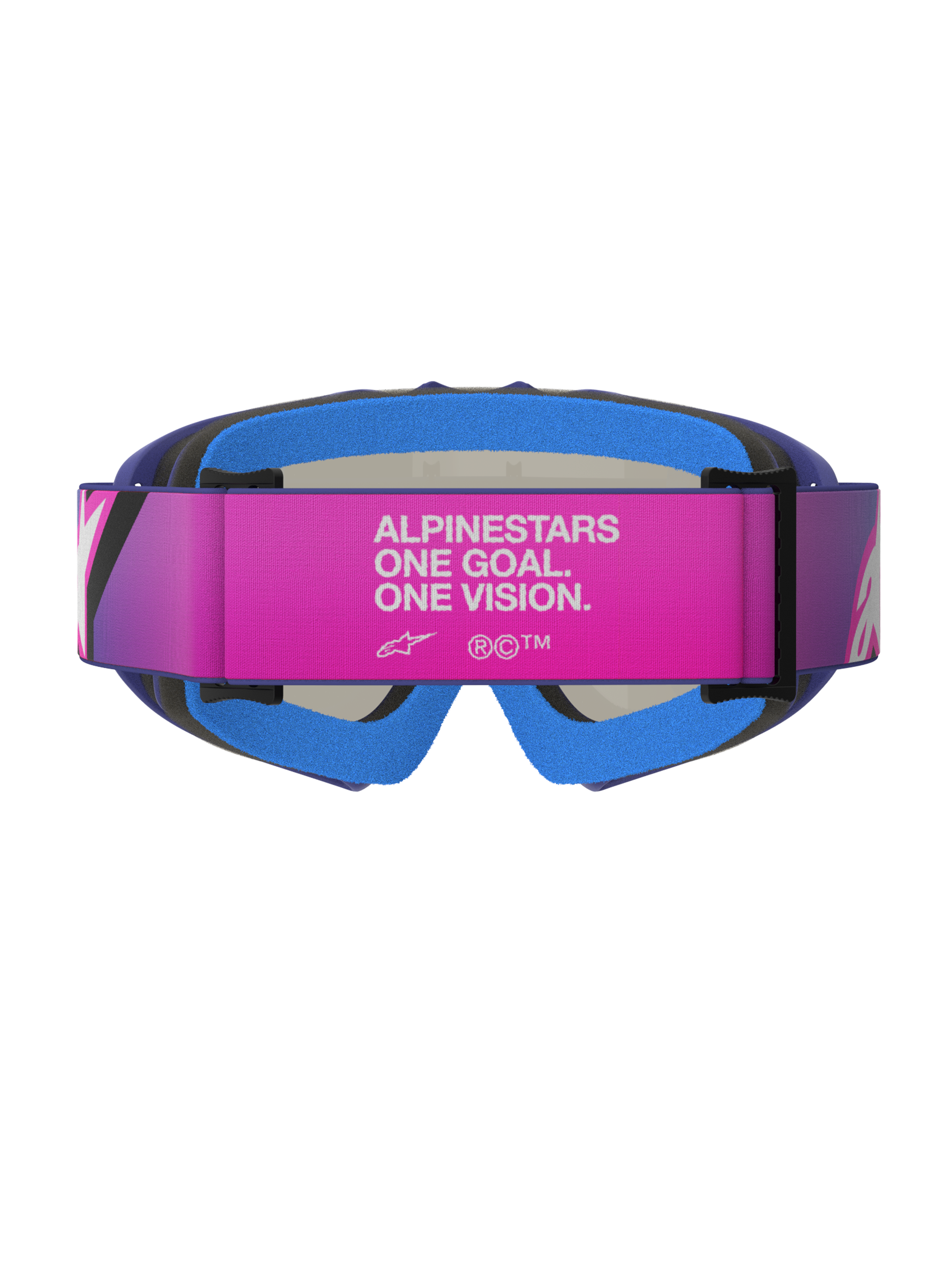 Alpinestars Vision Youth Corp Goggles, Motocross-Brille, Lila, Fluo-Pink und Mirror Blue, Rückansicht mit einem pinkfarbenen verstellbaren Band mit weißem „ALPINESTARS ONE GOAL. ONE VISION.“ Text, blauem gepolstertem Gesichtsschaum und lila Urethan-Rahmen, konzipiert für junge Offroad-Fahrer.