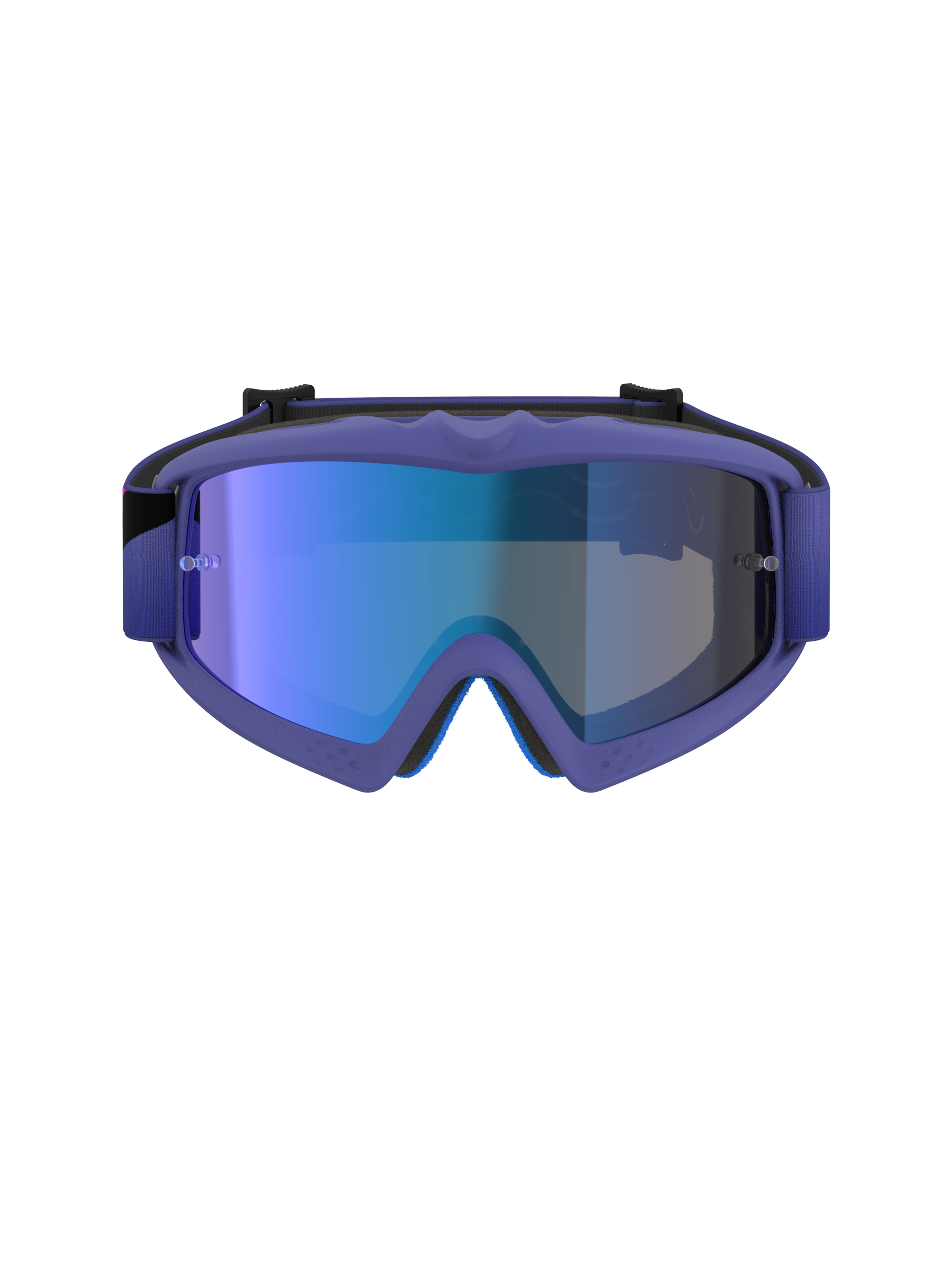 Alpinestars Vision Youth Corp Goggles, Motocross-Brille, lila und neonpinker Rahmen mit Mirror Blue Glas, jugendspezifischer Offroad-Augenschutz, Frontalansicht zeigt A-FLEX Rahmen und mehrstufige Gesichtsschaum-Konstruktion