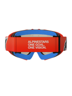 Alpinestars Vision Youth Corp Goggles, Jugend-Motocross-Brille, Orange und Rot mit blauem Schaumstoff, Rückansicht mit breitem rotem Band mit weißem „ALPINESTARS ONE GOAL. ONE VISION.“-Branding, mehrlagiger Komfort-Schaumstoff für einen sicheren Sitz