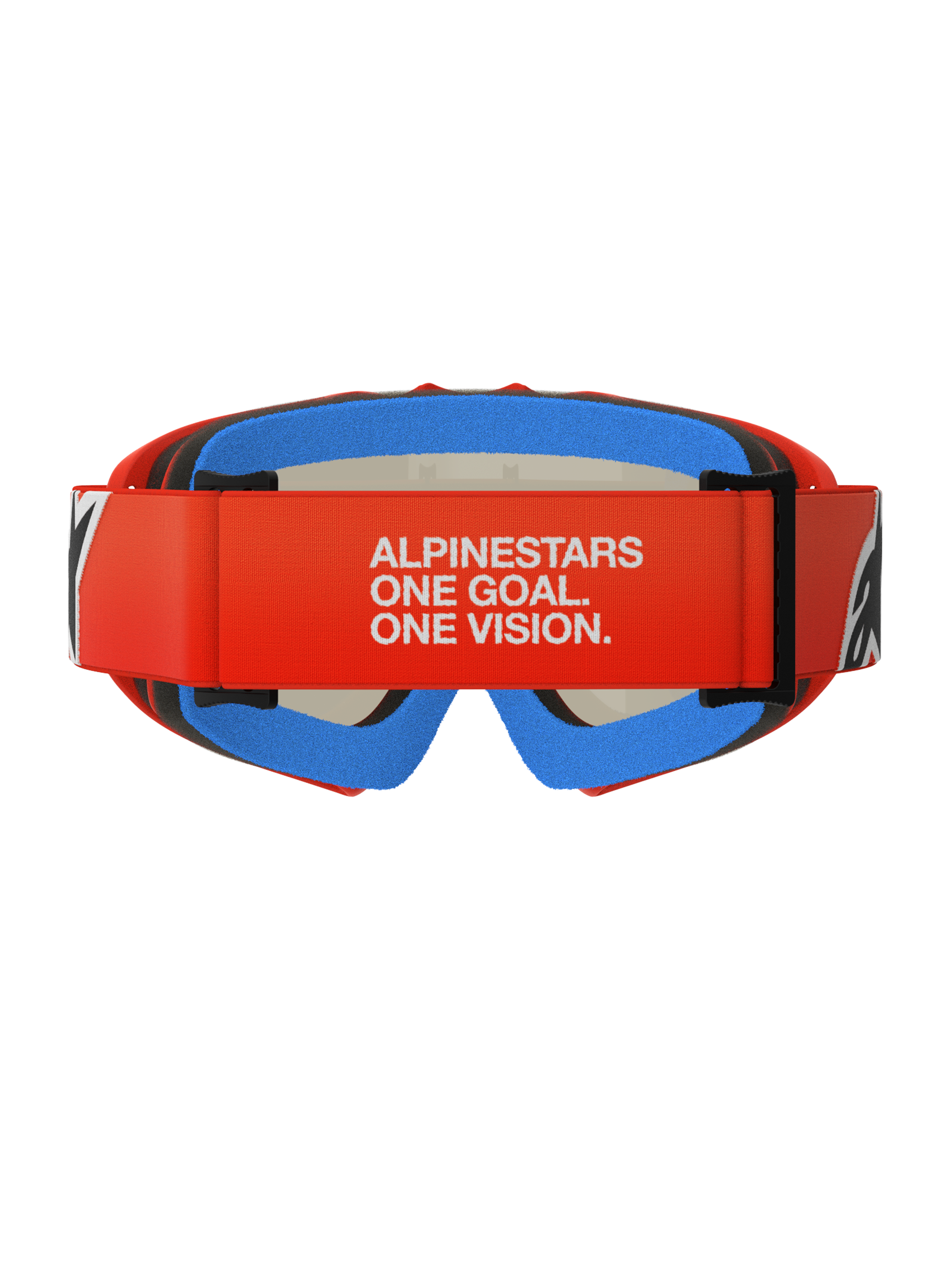 Alpinestars Vision Youth Corp Goggles, Jugend-Motocross-Brille, Orange und Rot mit blauem Schaumstoff, Rückansicht mit breitem rotem Band mit weißem „ALPINESTARS ONE GOAL. ONE VISION.“-Branding, mehrlagiger Komfort-Schaumstoff für einen sicheren Sitz