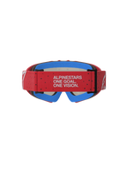 Alpinestars Vision Vesta Jugend-Schutzbrille, Rückansicht mit rotem Band, weißer Markenschriftzug, blauer Gesichtsschaum.